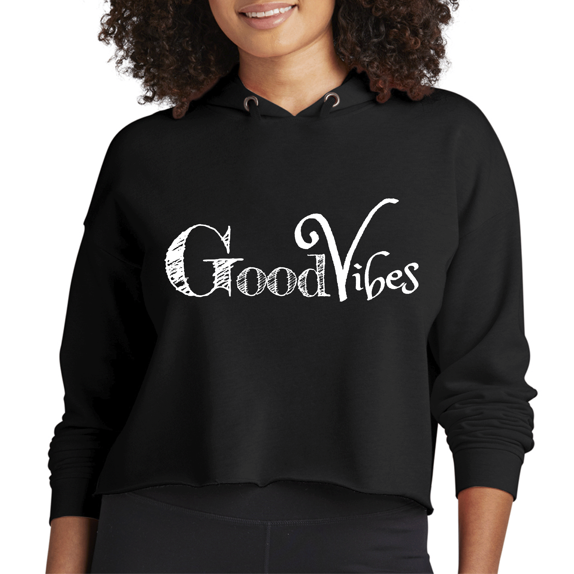 Womens Cropped Hoodie featuring Good Vibes White Print, showcasing a stylish design with a drawstring hood and raw edge hem.