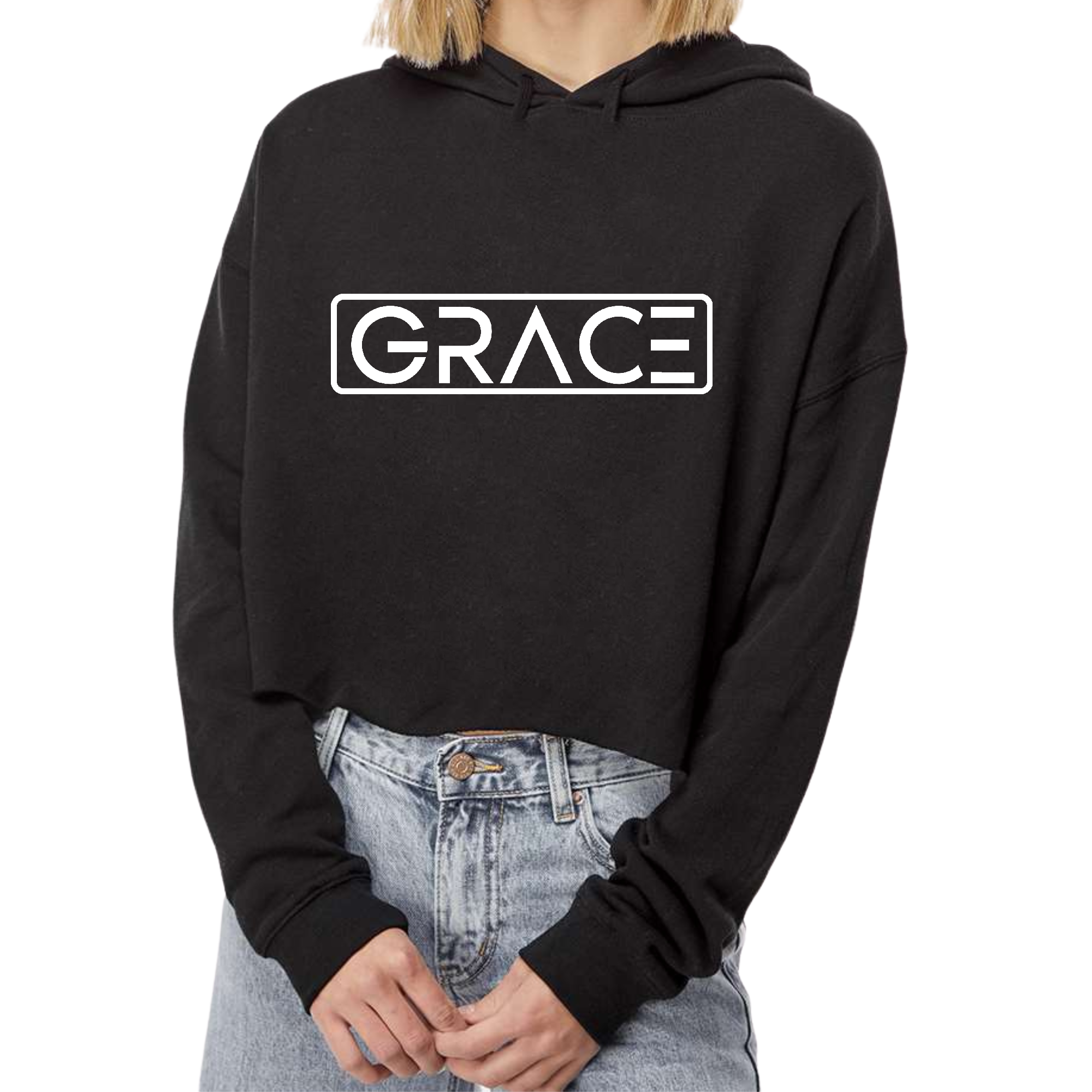 Womens Cropped Hoodie Grace in various colors, showcasing its relaxed fit and double fabric hood.