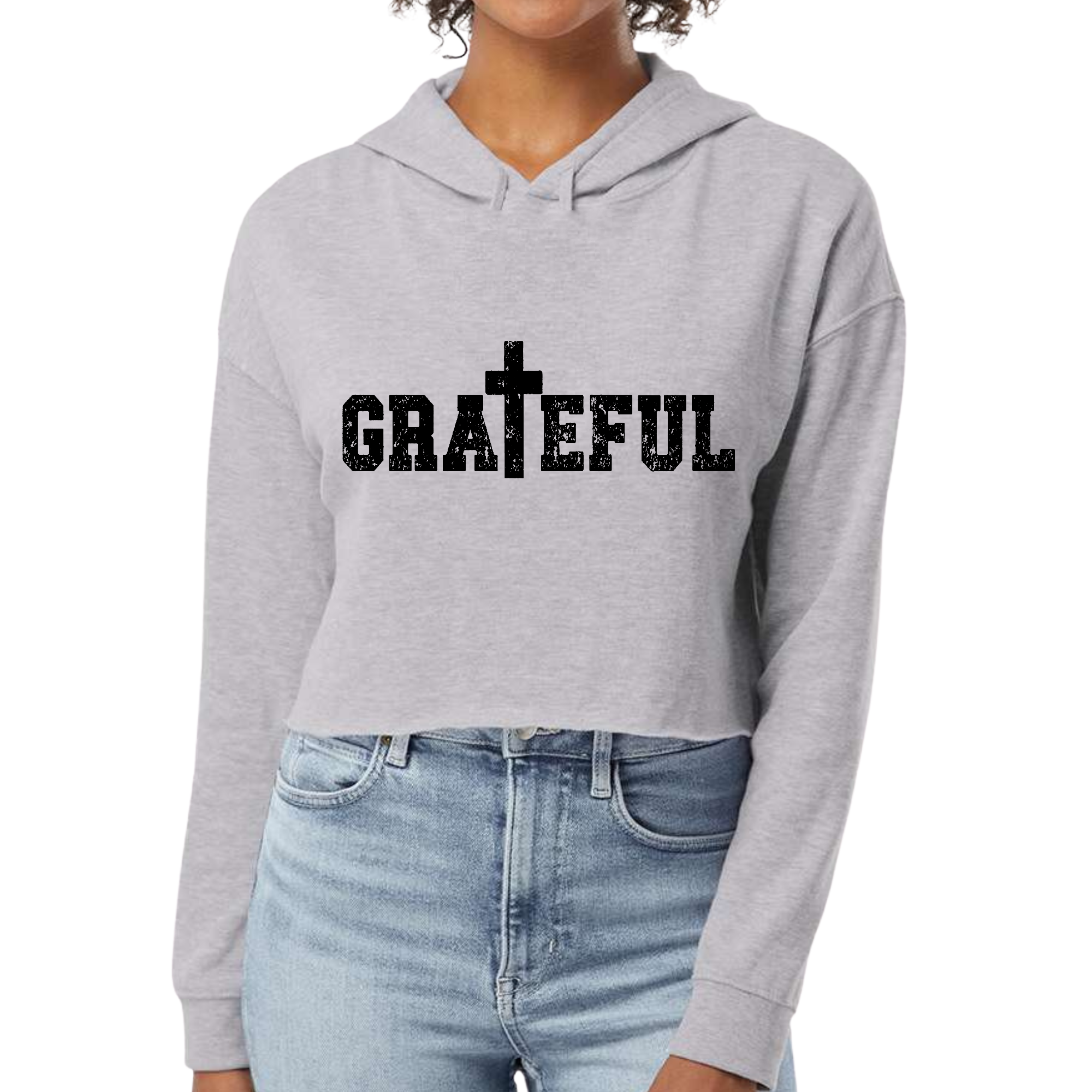 Womens cropped hoodie featuring a grateful print, showcasing a relaxed fit and stylish raw edge cut hem in various colors.