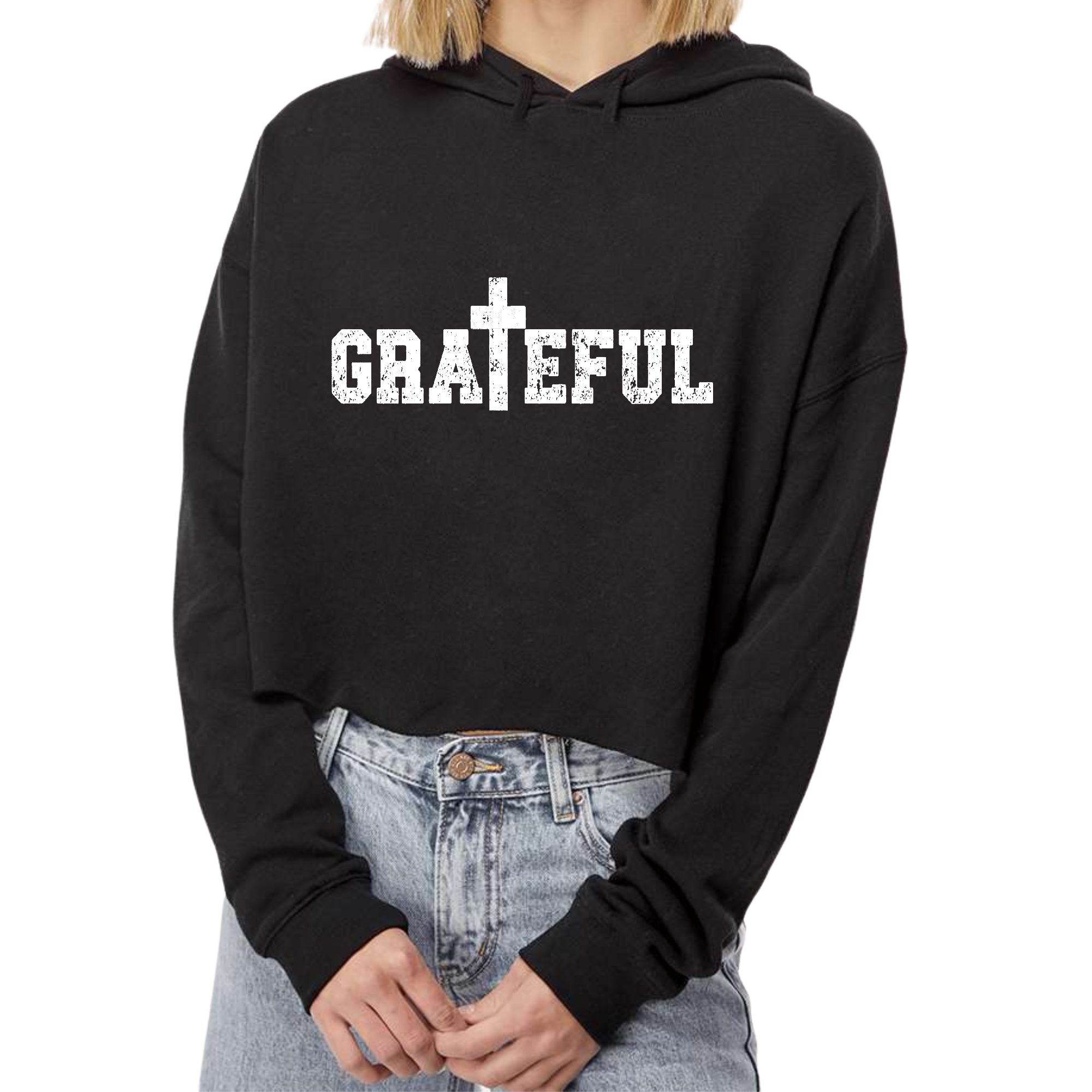 Women's cropped hoodie featuring a grateful print, showcasing a relaxed fit and double fabric hood in a stylish design.