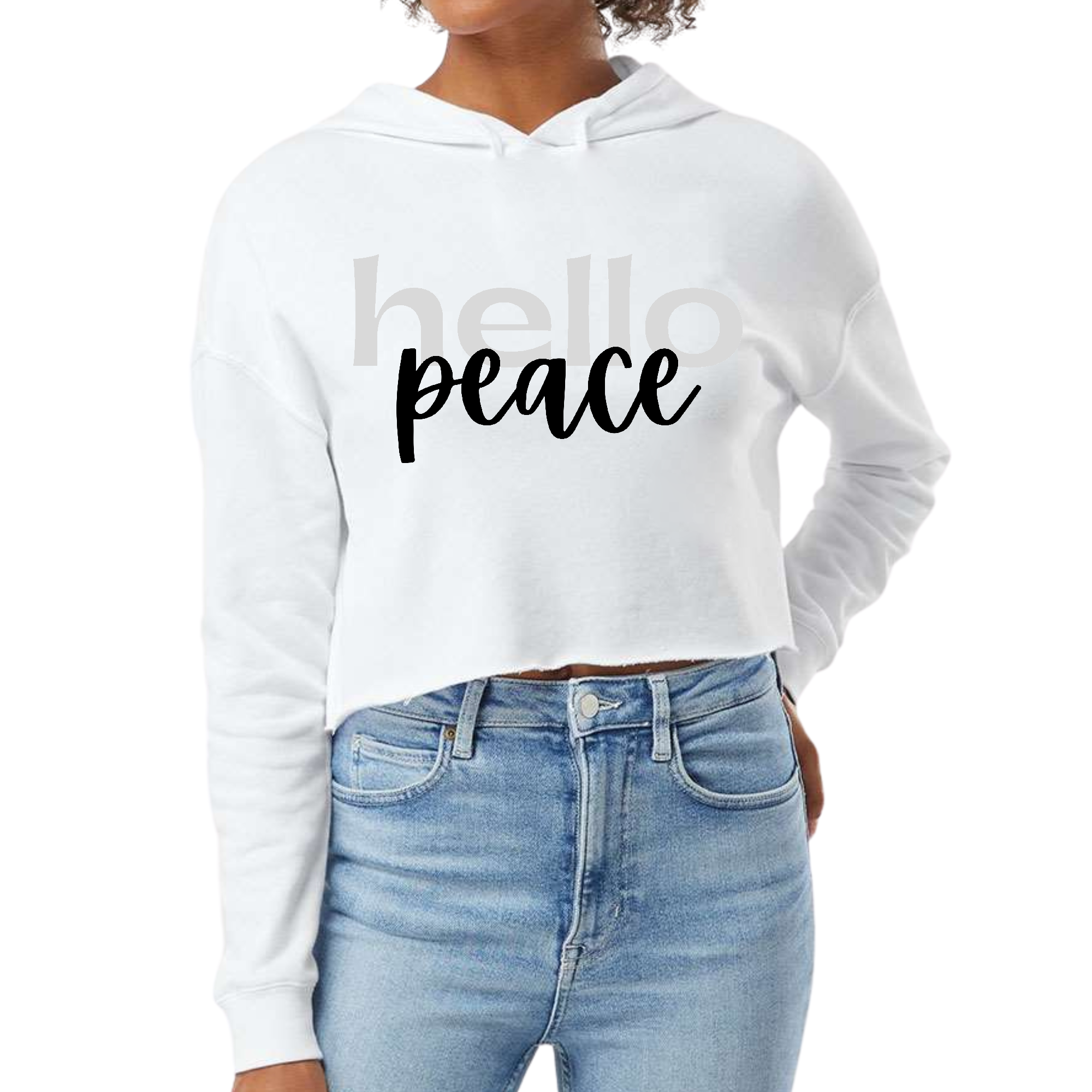 Women's Cropped Hoodie in grey and black featuring 'Hello Peace' motivational design, showcasing a relaxed fit and soft fabric.