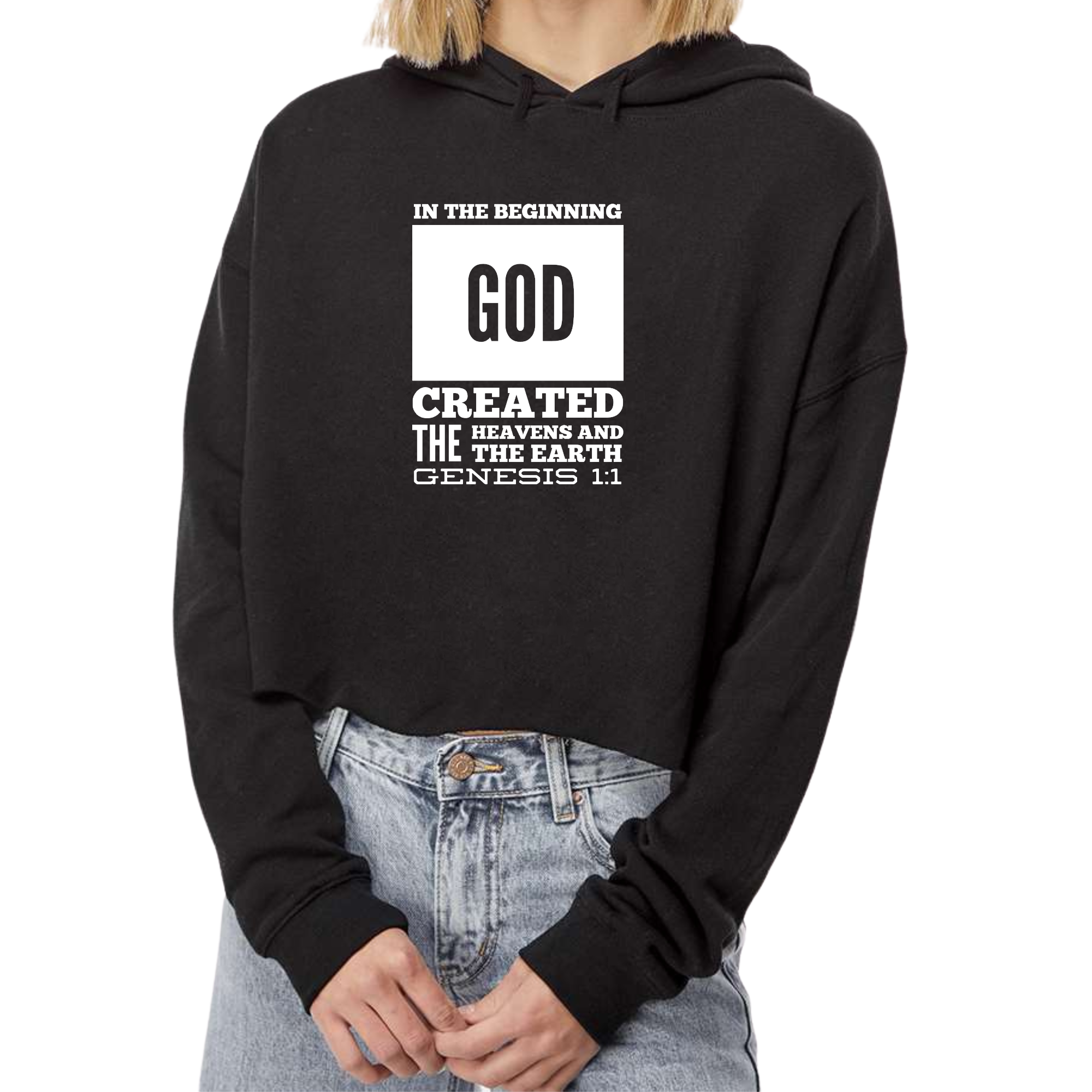 Women's Cropped Hoodie featuring 'In The Beginning' scripture print, showcasing a relaxed fit and stylish raw edge hem.