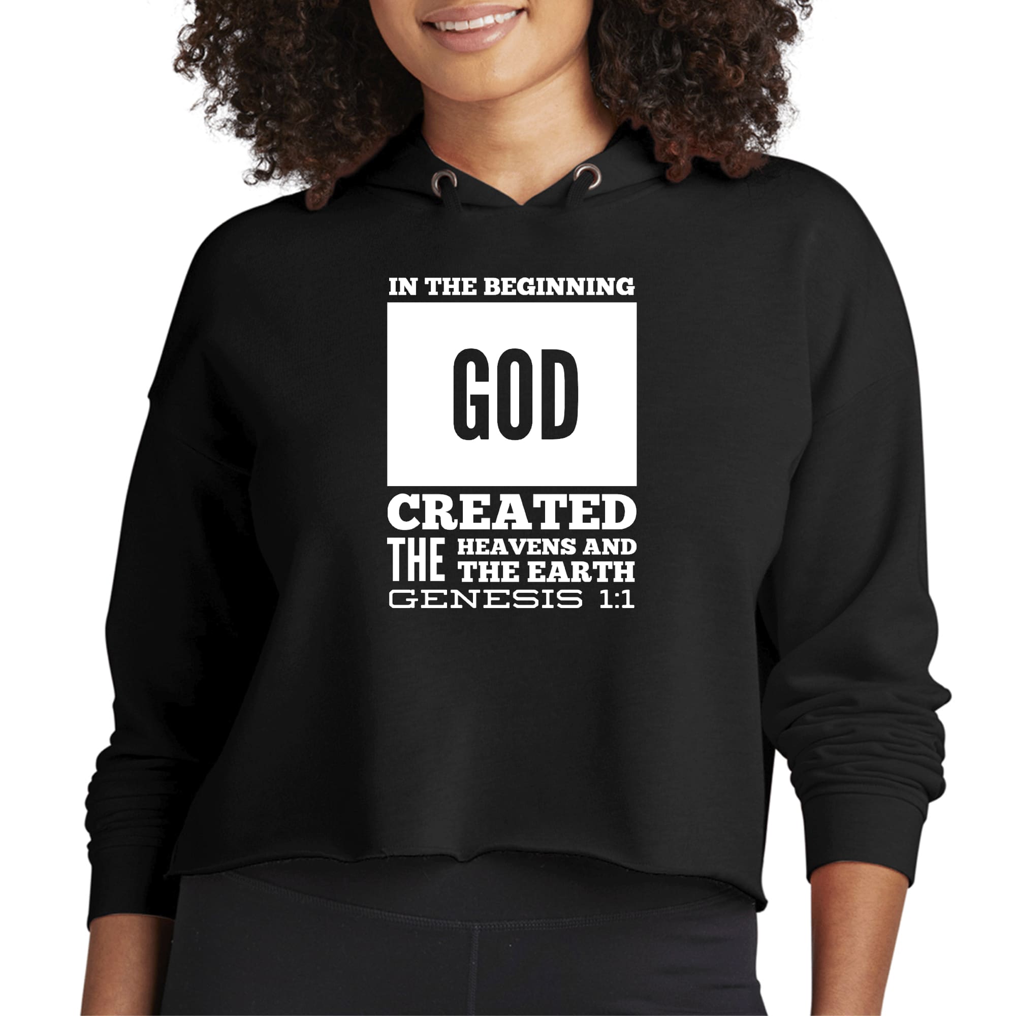 Women's Cropped Hoodie featuring 'In The Beginning' scripture print, showcasing a relaxed fit and stylish raw edge hem.