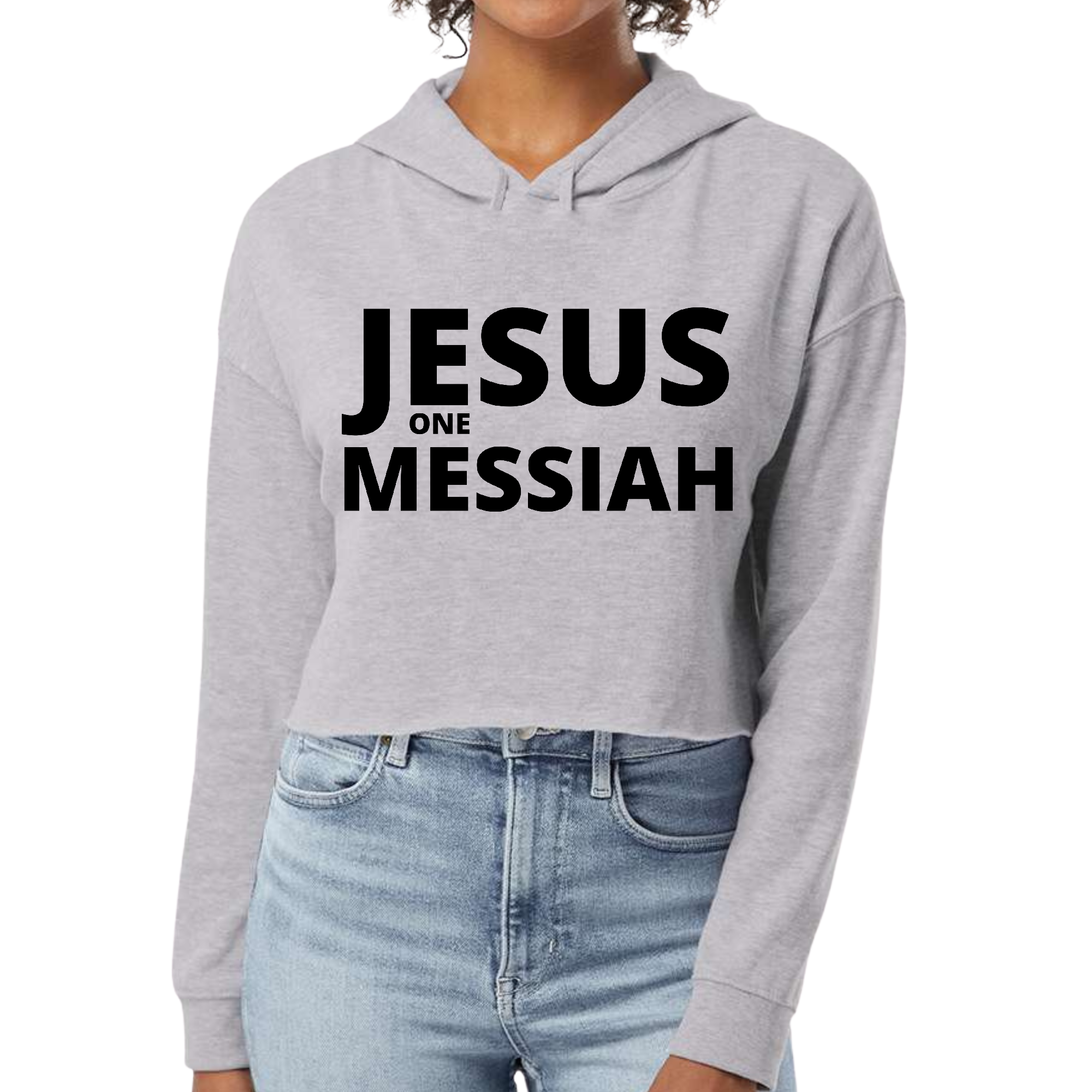 Women's cropped hoodie featuring a Jesus one Messiah illustration in black, showcasing a stylish and comfortable design.