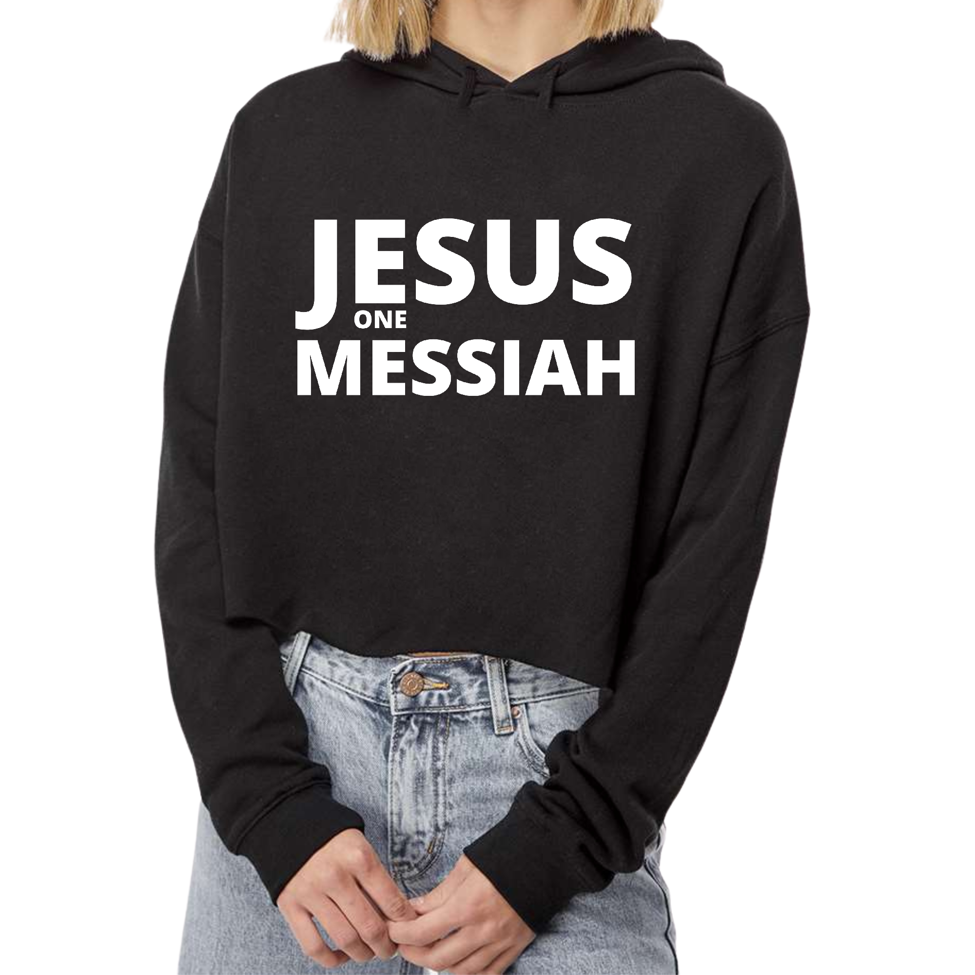 A stylish women's cropped hoodie featuring the text 'Jesus One Messiah', made from a soft cotton/polyester blend, available in various colors.