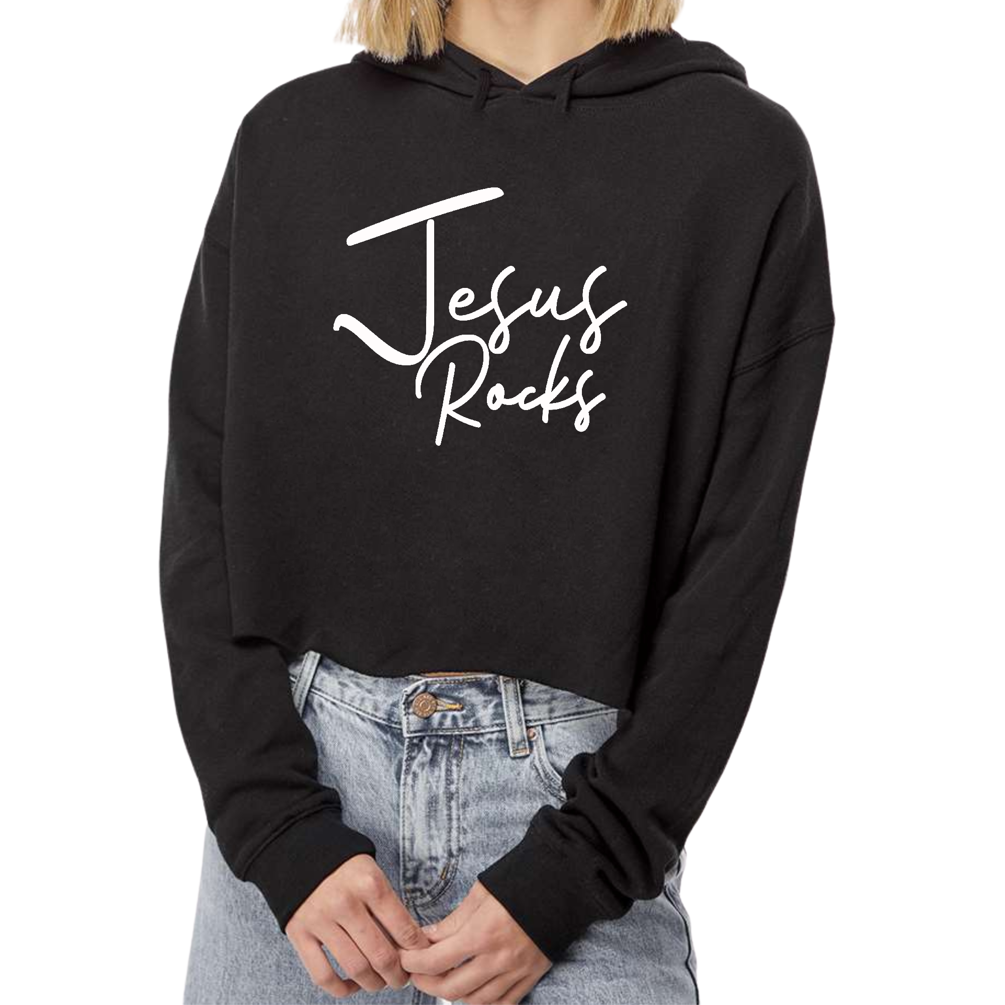 Women's Cropped Hoodie featuring a stylish Jesus Rocks print, made from soft cotton/polyester blend with a relaxed fit.