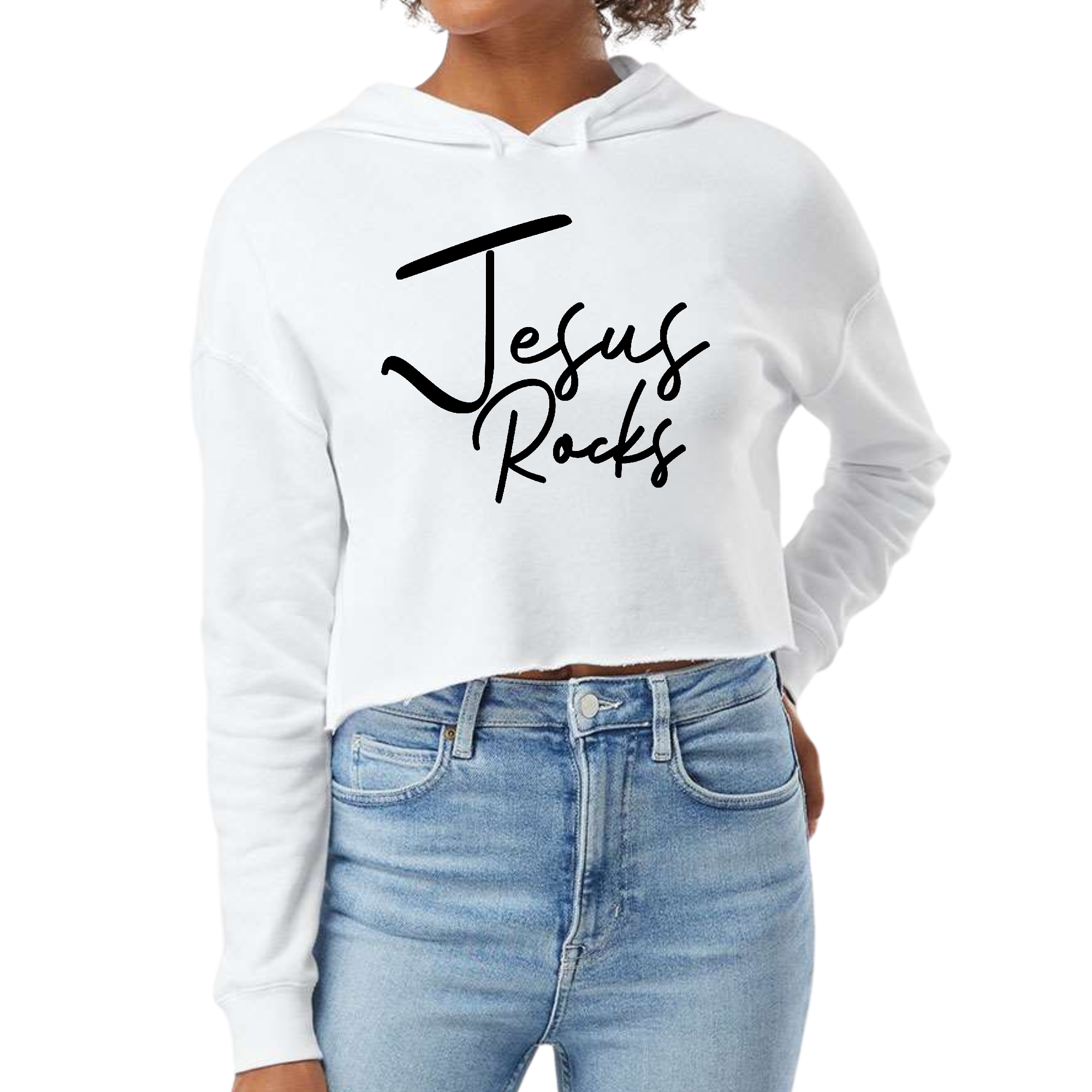 Women's cropped hoodie featuring a stylish Jesus Rocks print, made from soft cotton/polyester blend with a relaxed fit.