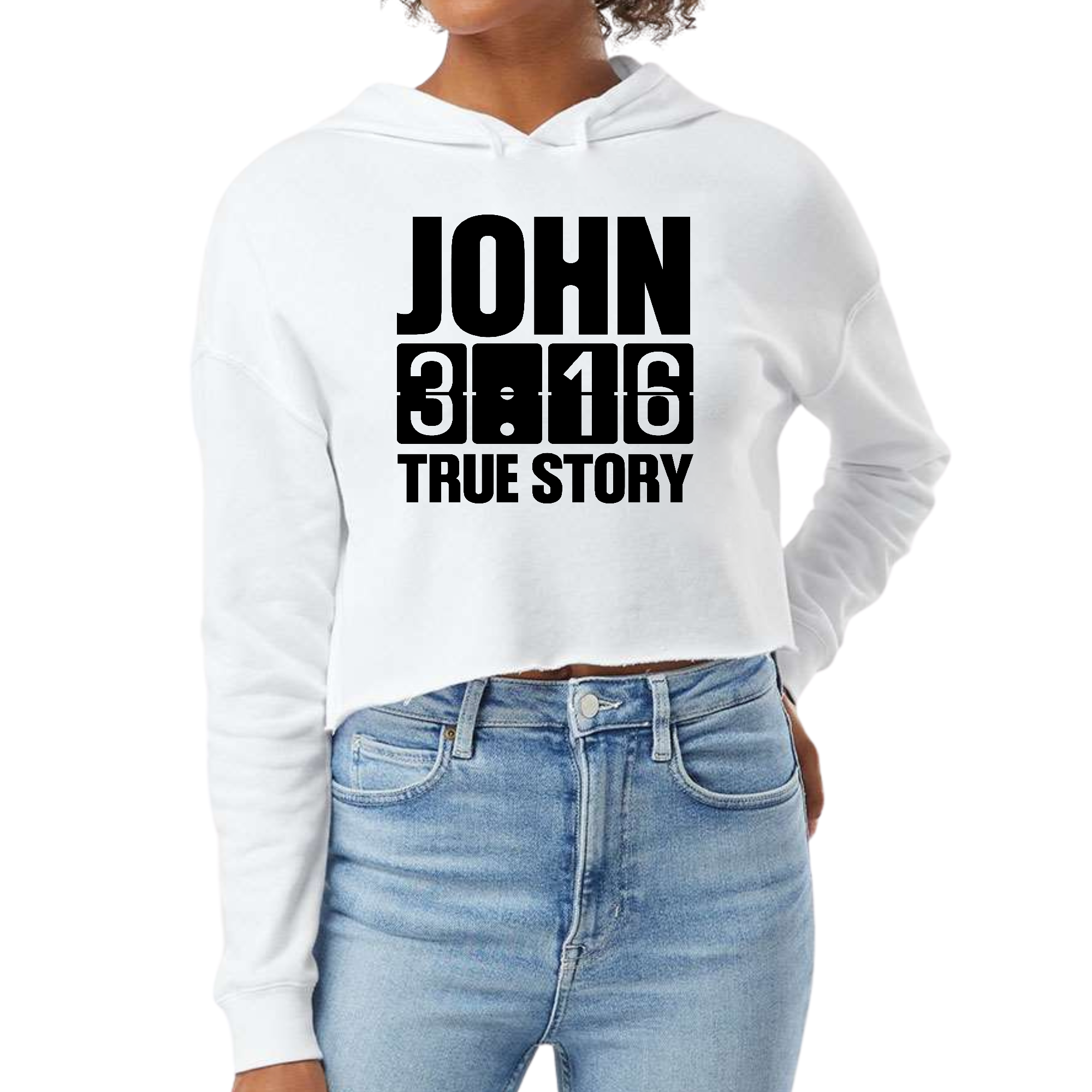 Women's cropped hoodie in black featuring John 3:16 True Story print, showcasing a stylish design with a double fabric hood.