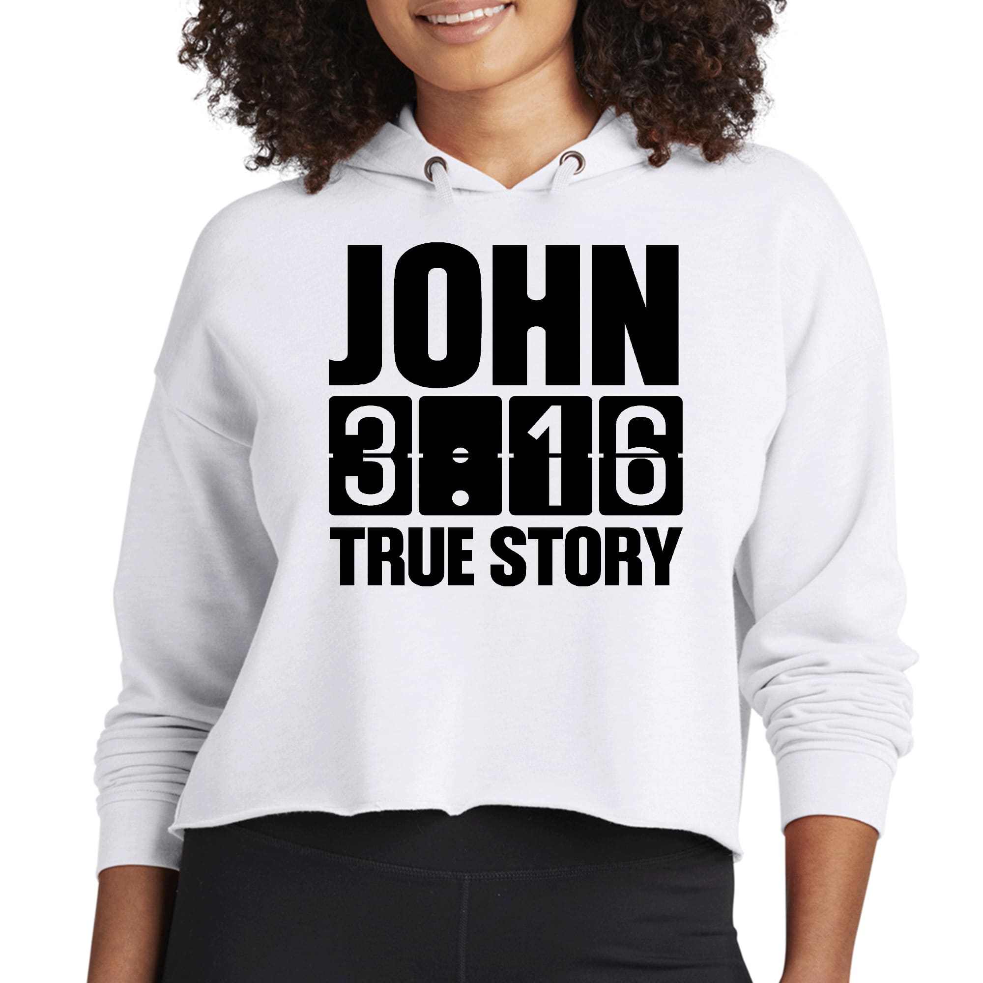 Women's cropped hoodie in black featuring John 3:16 True Story print, showcasing a stylish design with a double fabric hood.