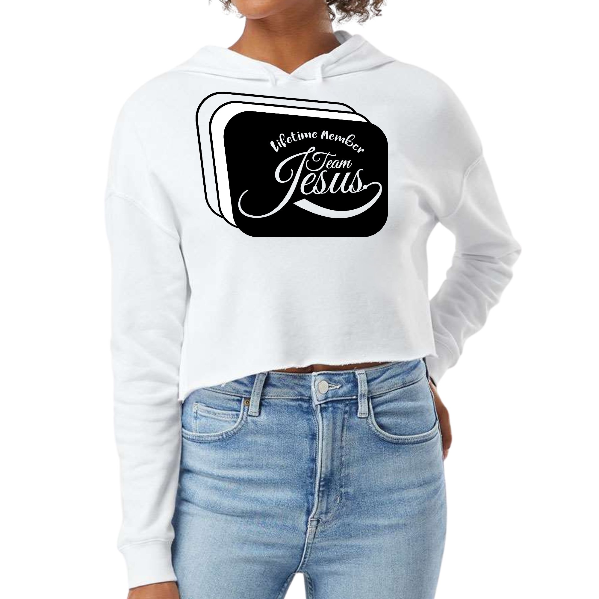 Womens Cropped Hoodie featuring Team Jesus graphic in black and white, designed for comfort and style.