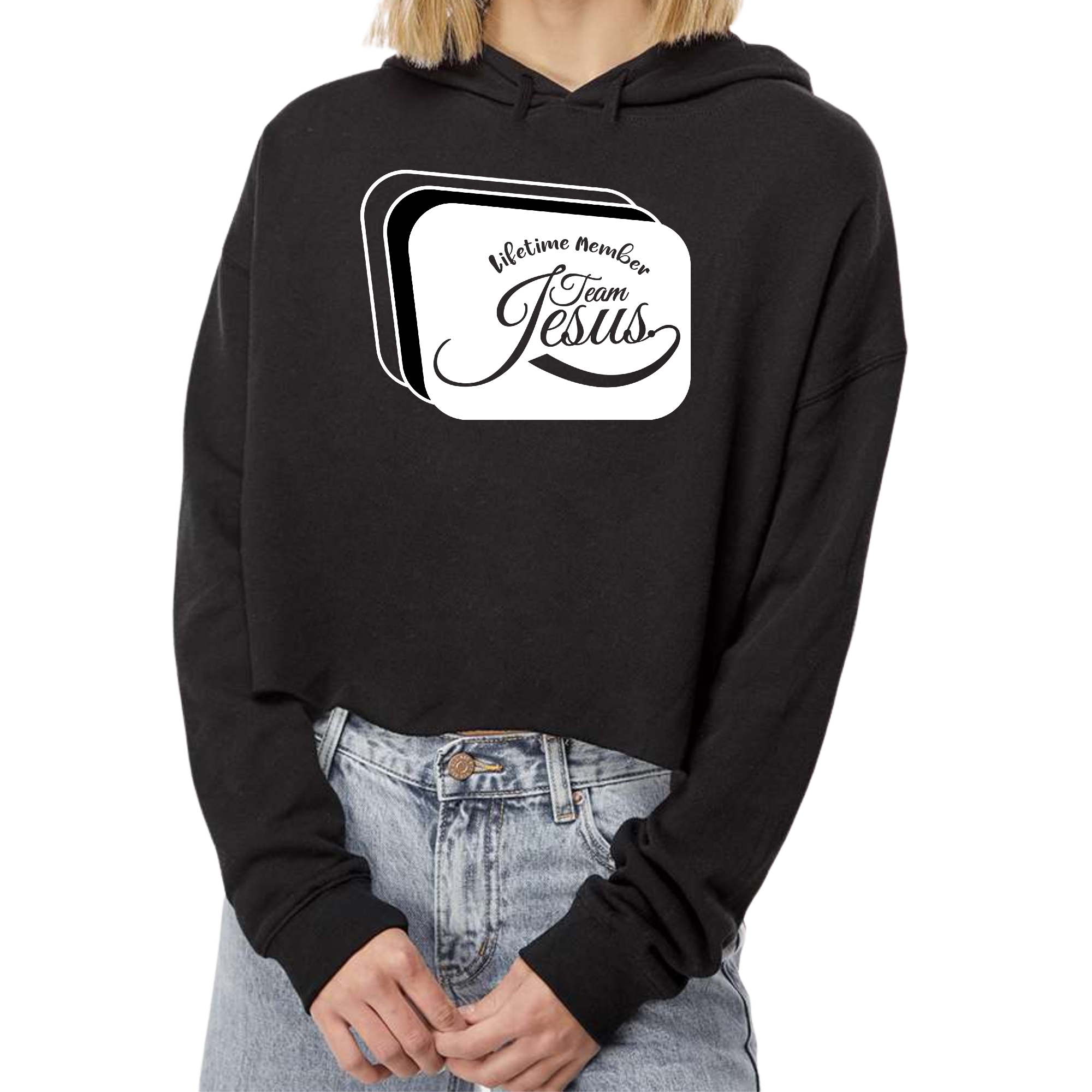 Womens Cropped Hoodie featuring Team Jesus illustration in white and black, showcasing a stylish and comfortable design.