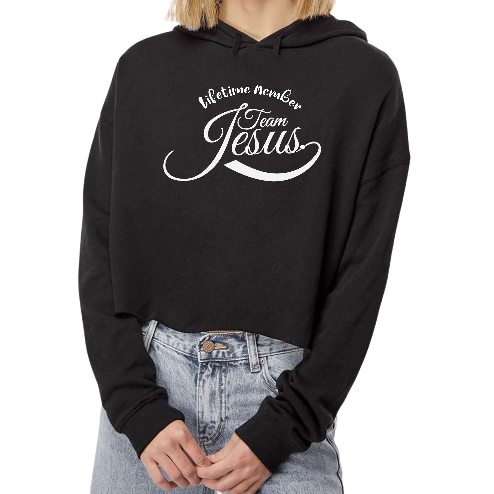 Women's Cropped Hoodie featuring Team Jesus illustration, made from soft cotton/polyester blend with a relaxed fit and raw edge hem.