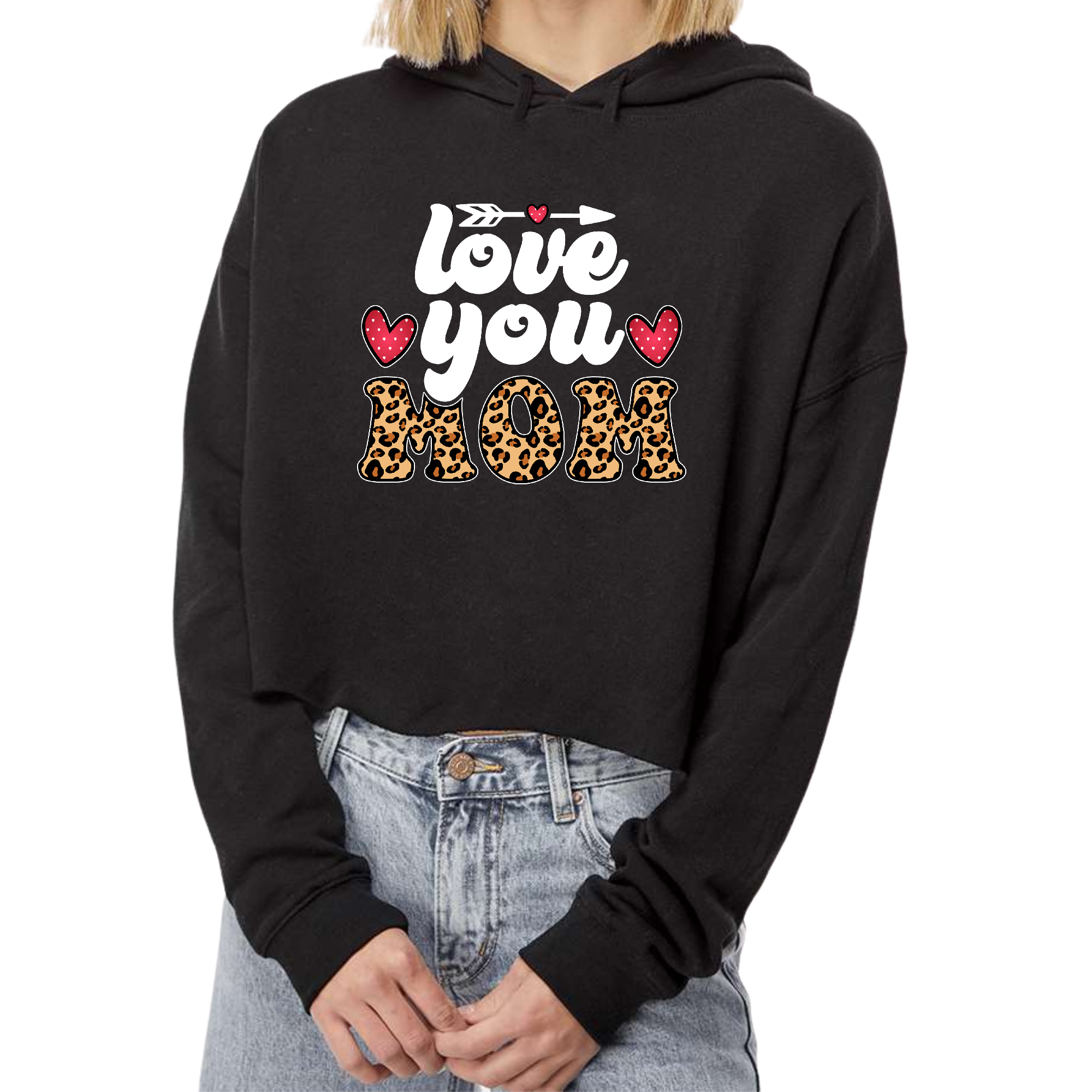 Women's Cropped Hoodie featuring a 'Love You Mom' leopard print design, showcasing a stylish and comfortable fit.