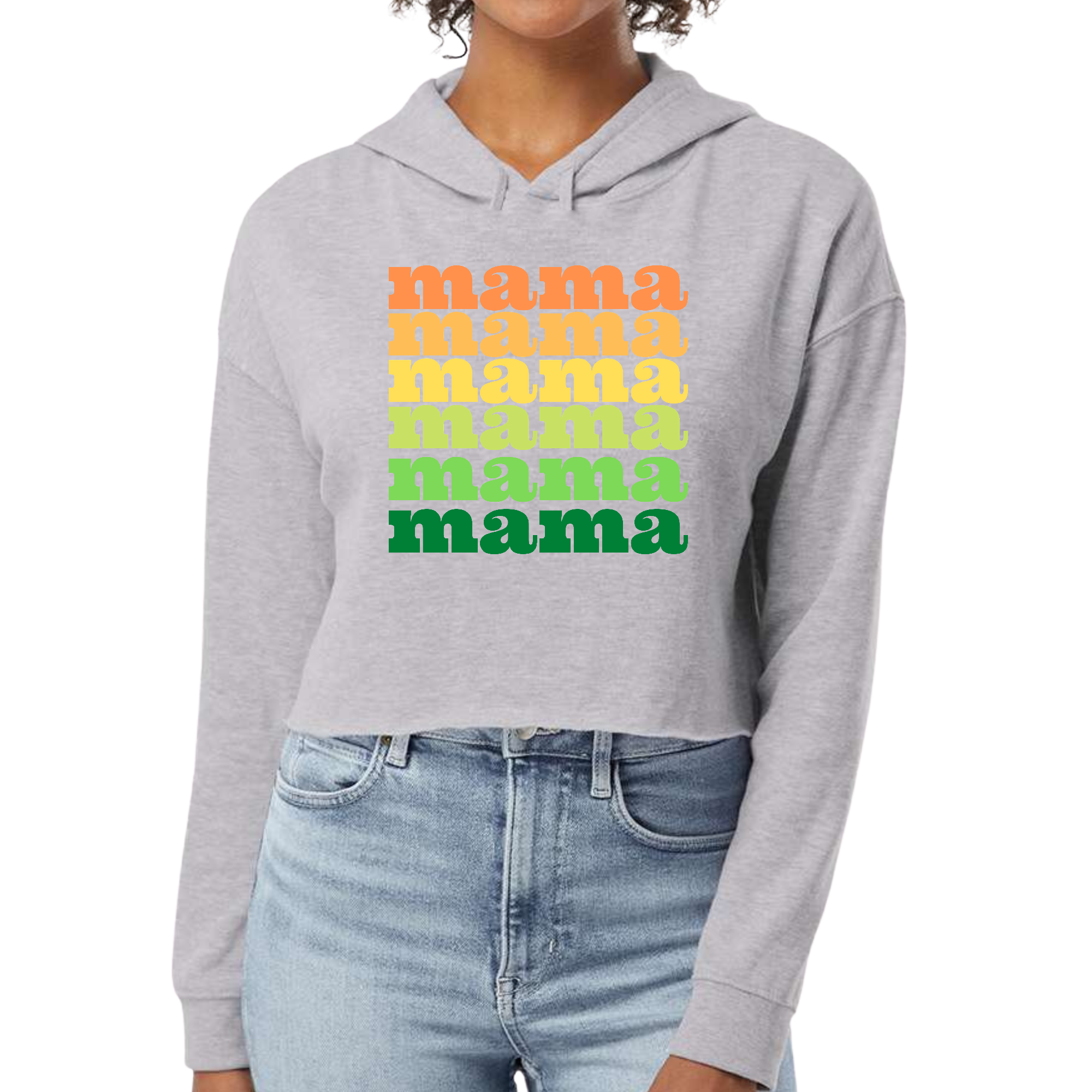 A stylish Women's Cropped Hoodie in various colors, featuring a relaxed fit, double fabric hood, and raw edge cut hem, perfect for celebrating motherhood.