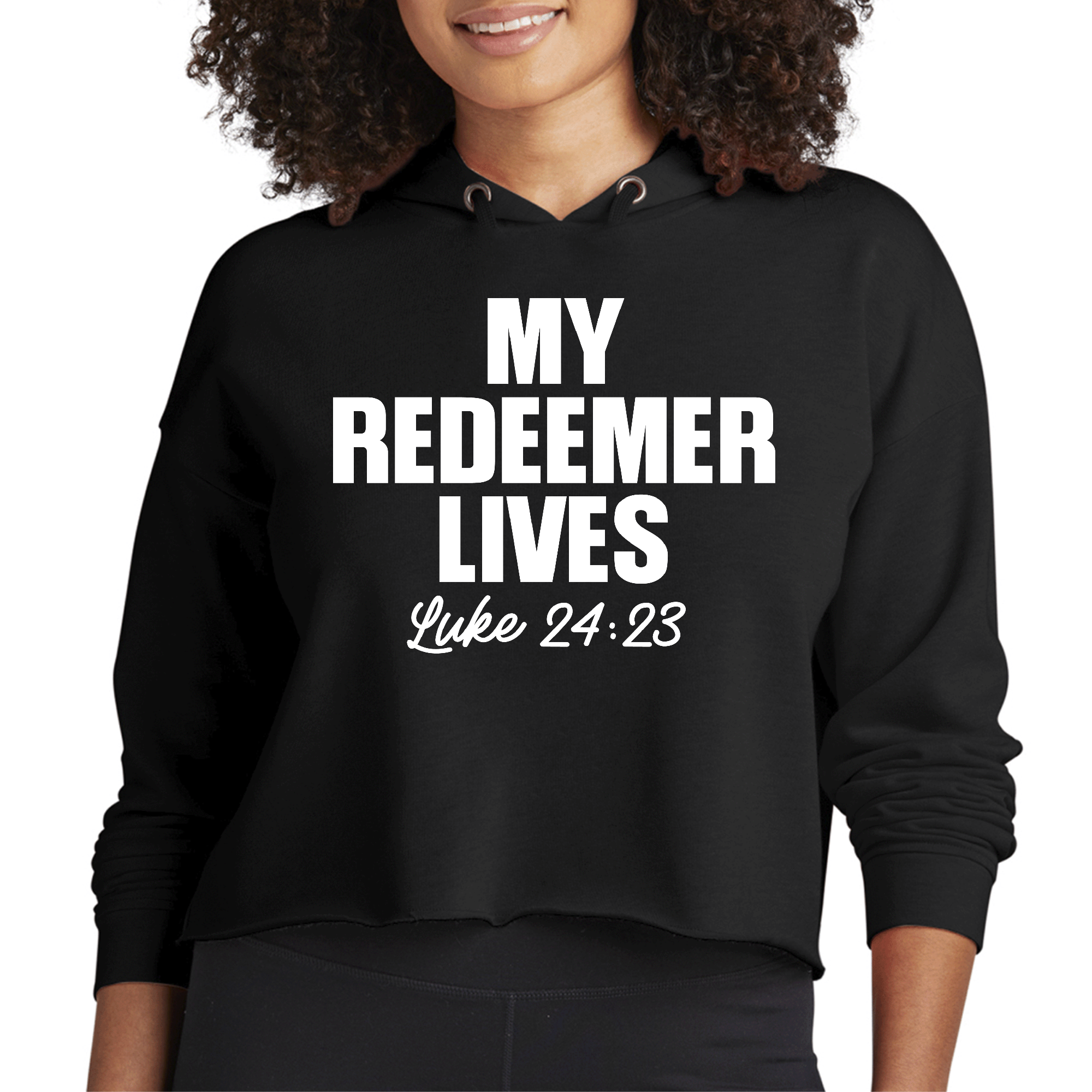 Womens Cropped Hoodie featuring 'My Redeemer Lives' print, showcasing a stylish design with a drawstring hood and raw edge hem.