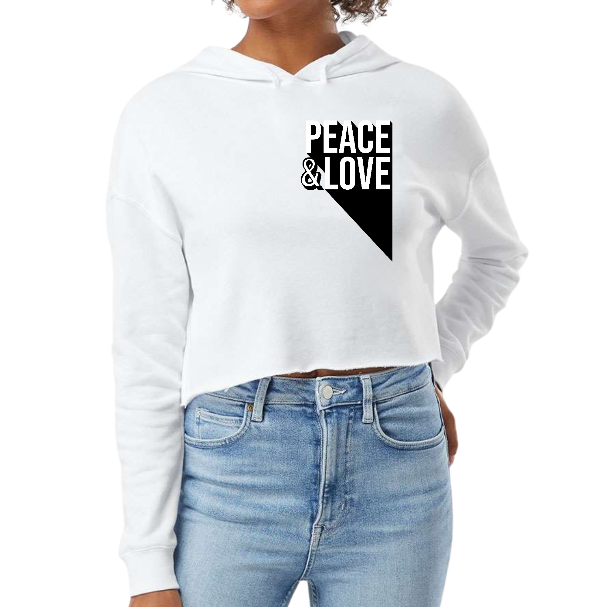 Women's Cropped Hoodie featuring a stylish Peace and Love print, showcasing a relaxed fit and soft fabric.