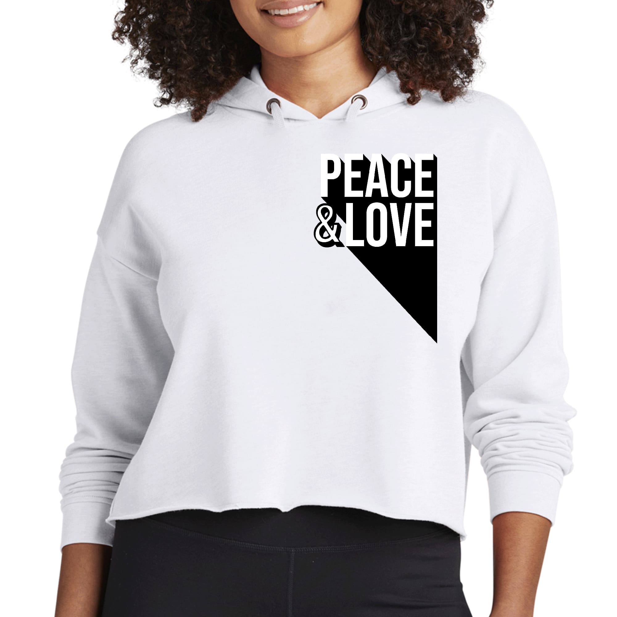 Women's Cropped Hoodie featuring a stylish Peace and Love print, showcasing a relaxed fit and soft fabric.