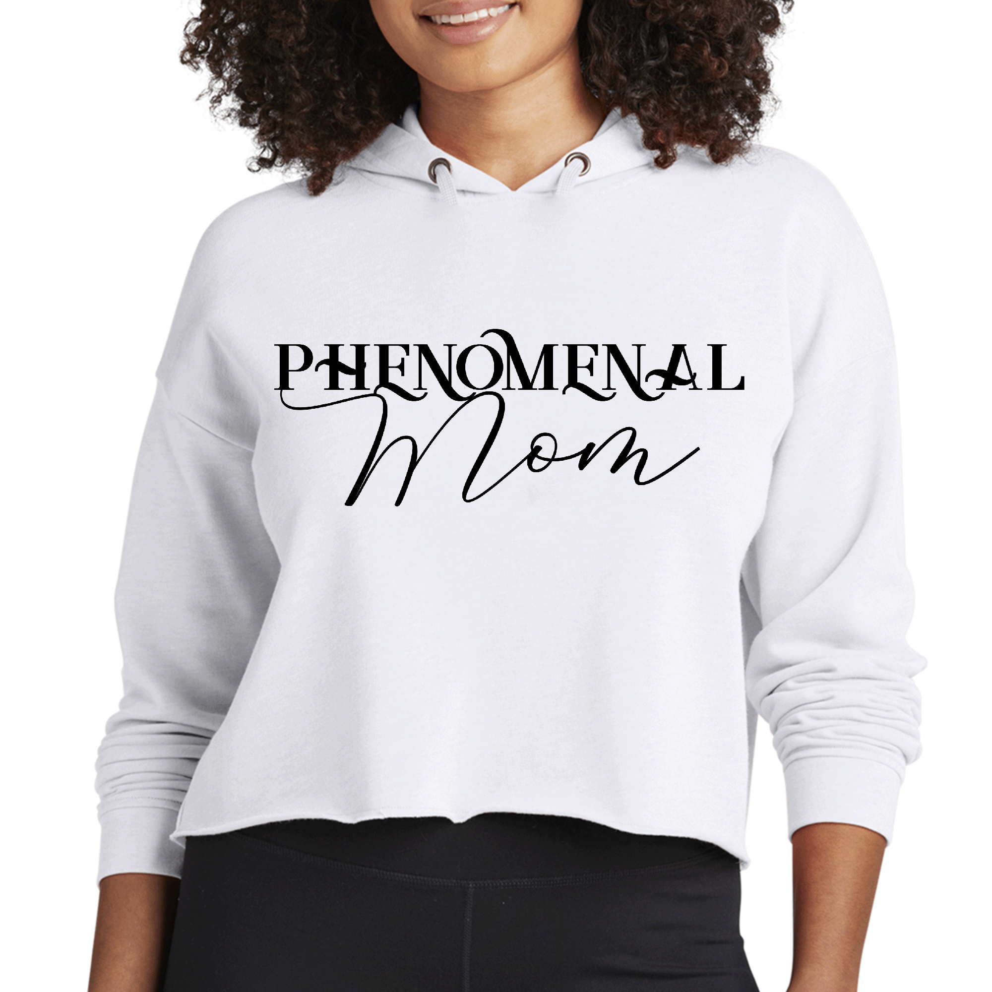 Womens Cropped Hoodie with Phenomenal Mom Black Print, showcasing a stylish design with a drawstring hood and raw edge hem.