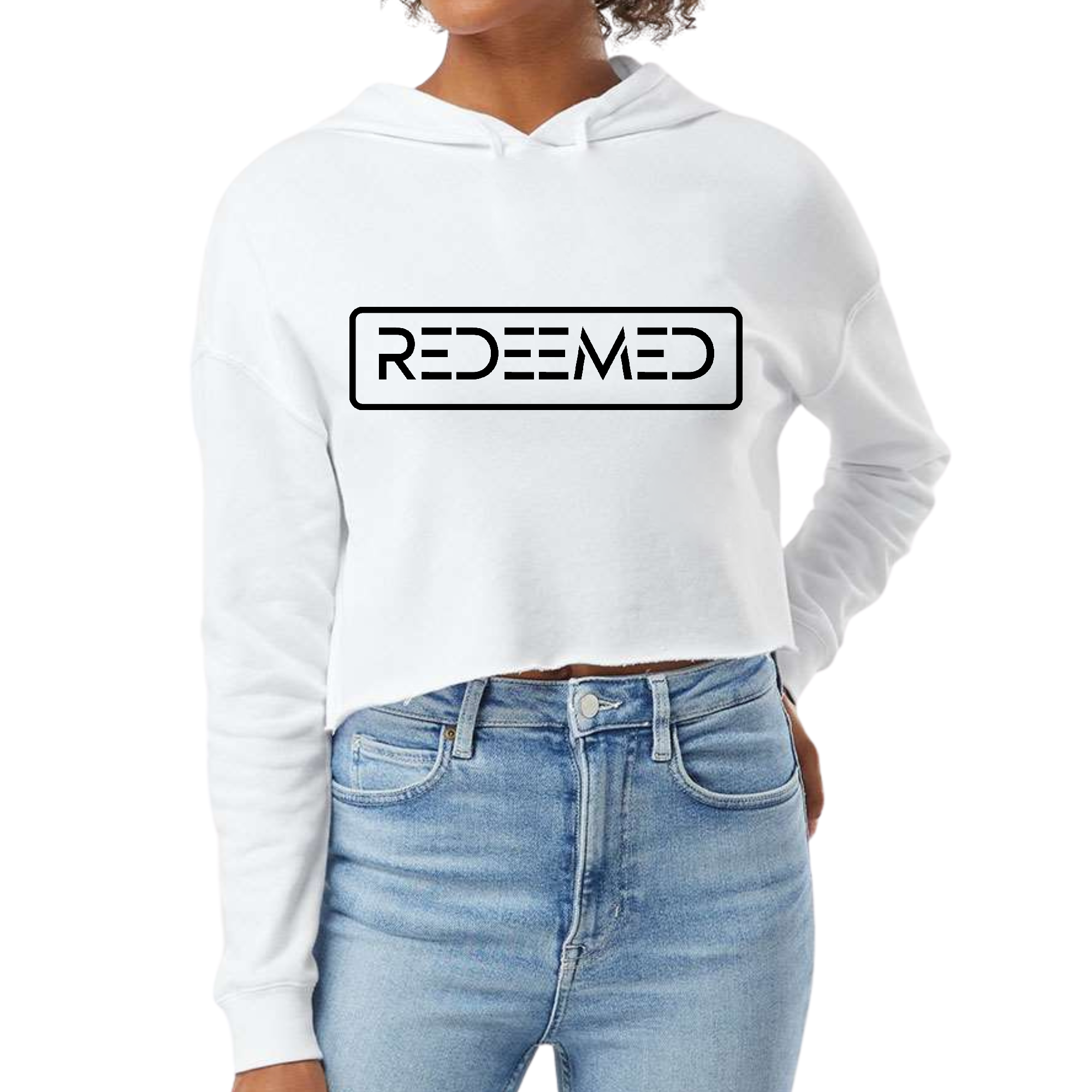 Women's Cropped Hoodie in black featuring a Redeemed Christian illustration and motivational quote, designed for comfort and style.