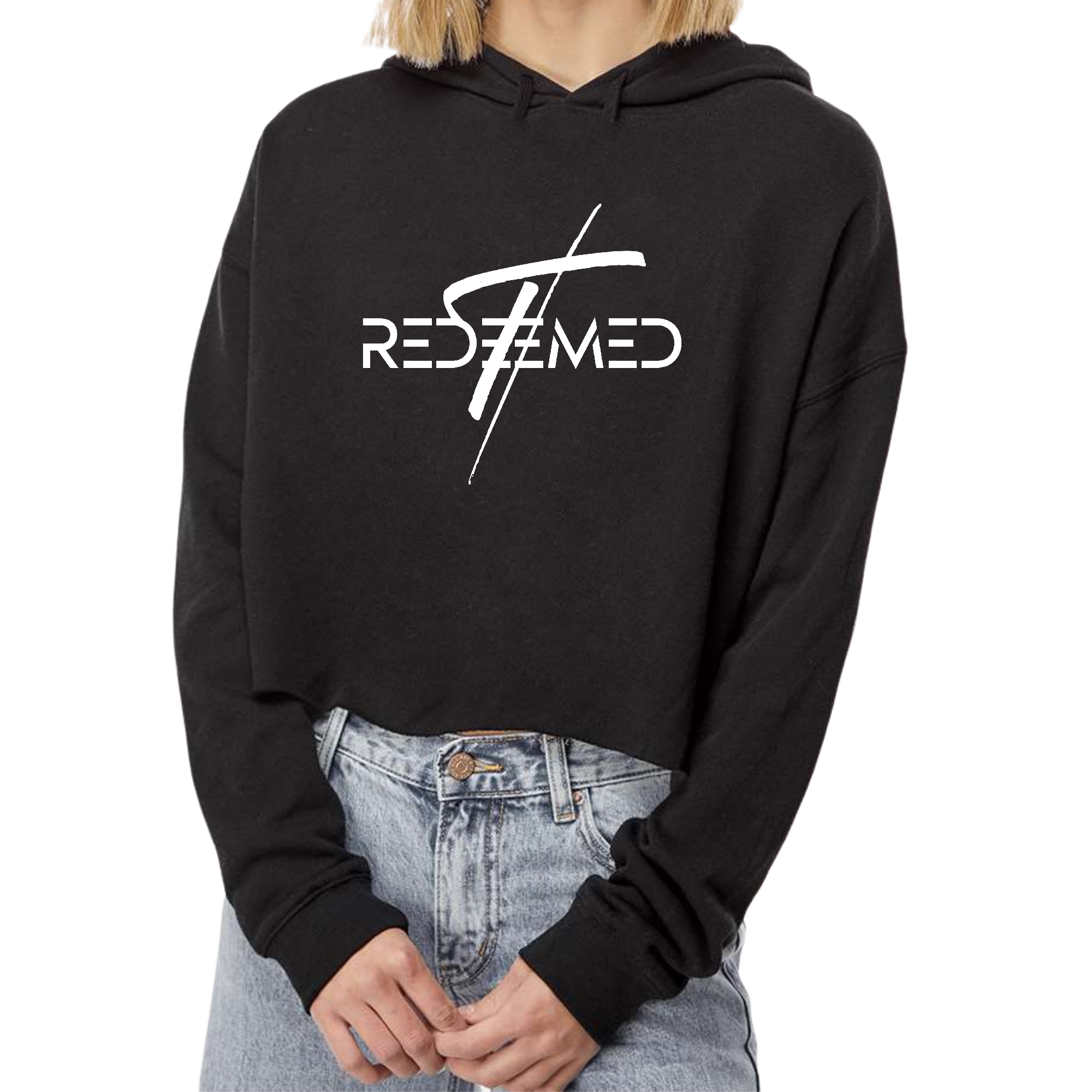 Women's Cropped Hoodie featuring a Redeemed Christian Cross print, showcasing a stylish design with a soft fabric and relaxed fit.