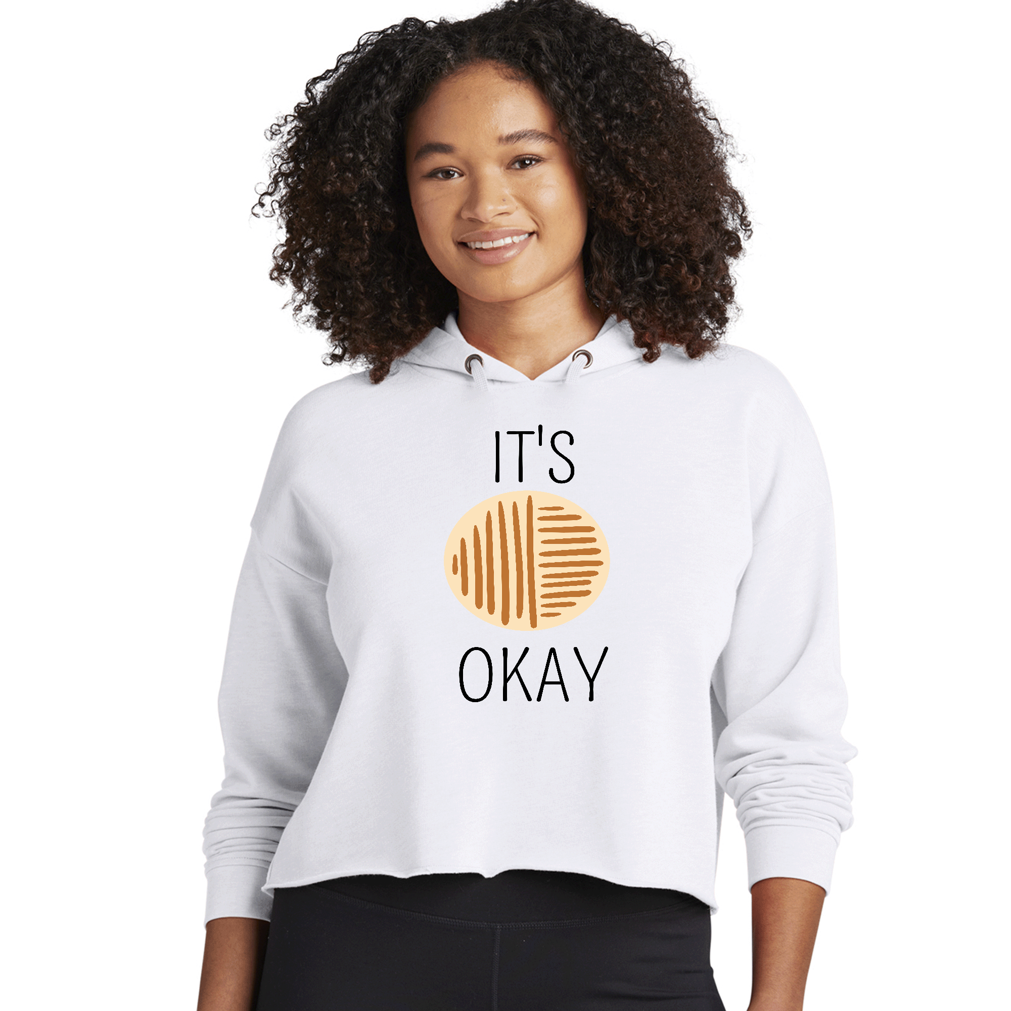 Womens Cropped Hoodie in black and brown line art featuring positive affirmations, showcasing a stylish and modern design.