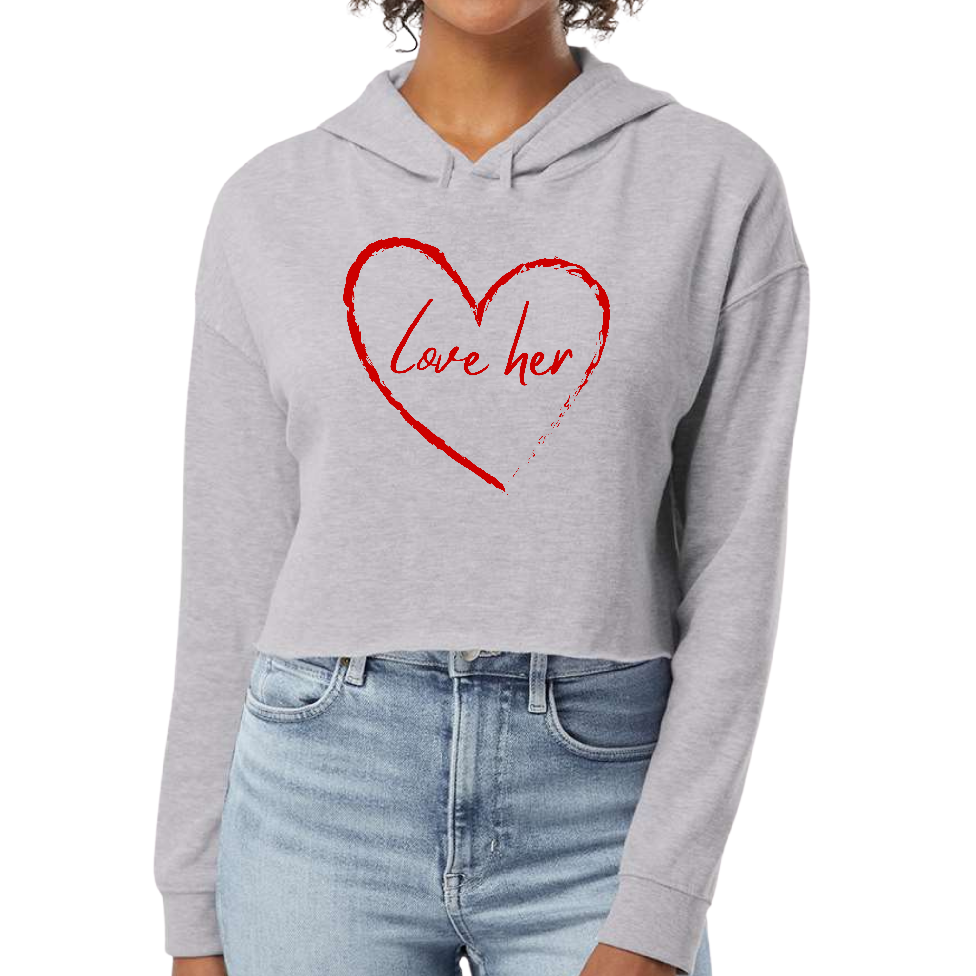 Womens cropped hoodie in red with 'Say it Soul Love Her' print, featuring a double fabric hood and raw edge hem.