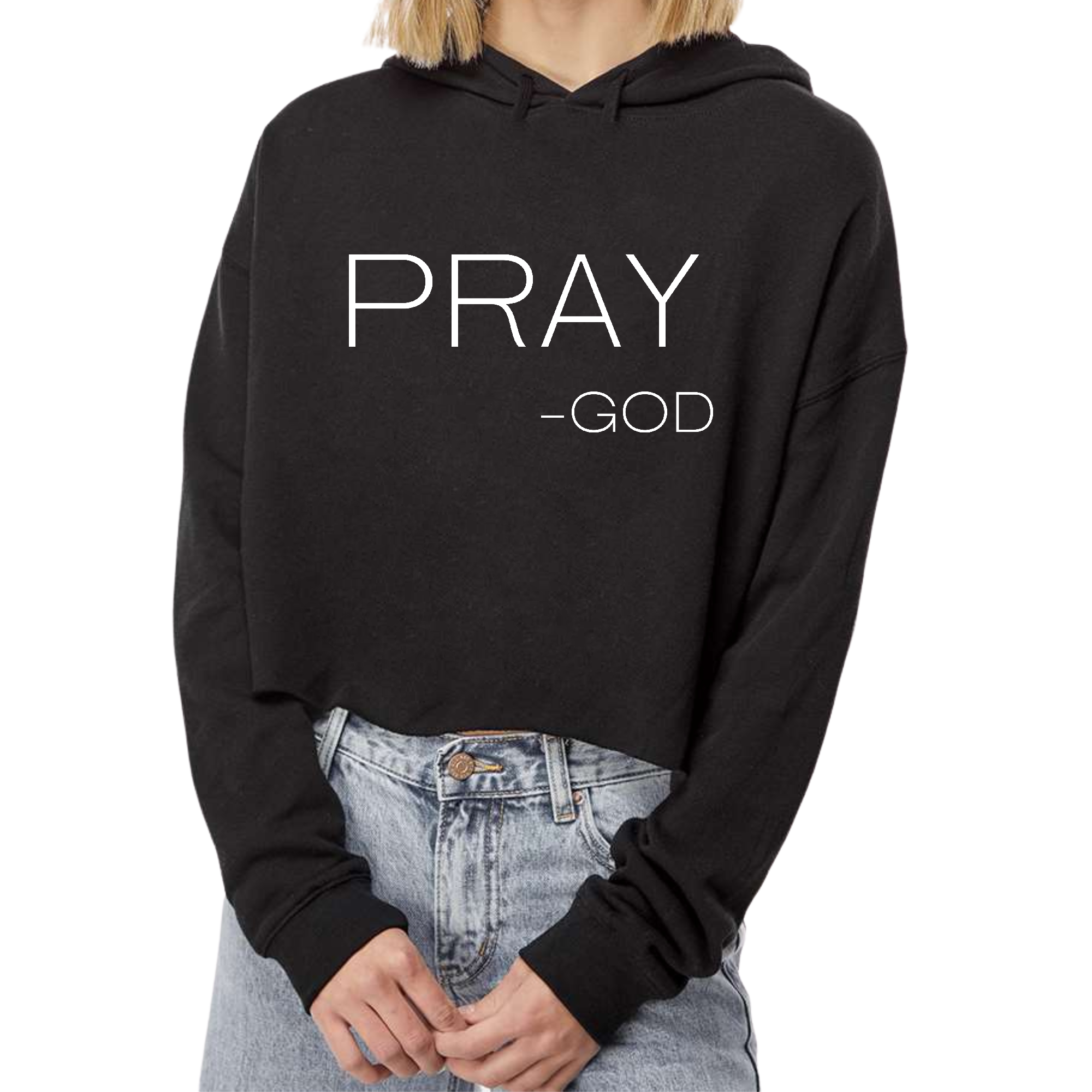 Women's Cropped Hoodie featuring 'Pray-God' statement in a stylish design, made from soft cotton/polyester blend.