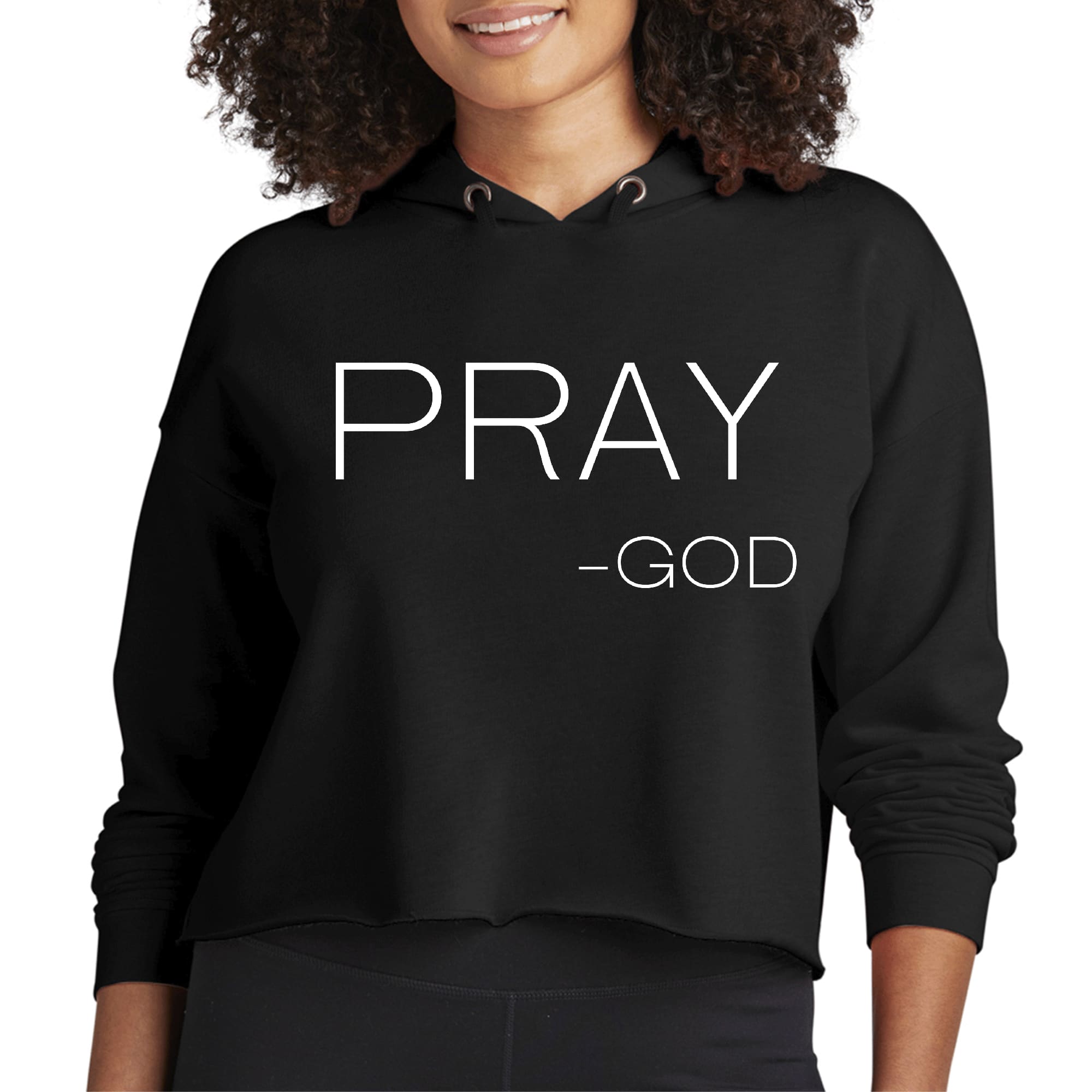 Women's Cropped Hoodie featuring 'Pray-God' statement in a stylish design, made from soft cotton/polyester blend.