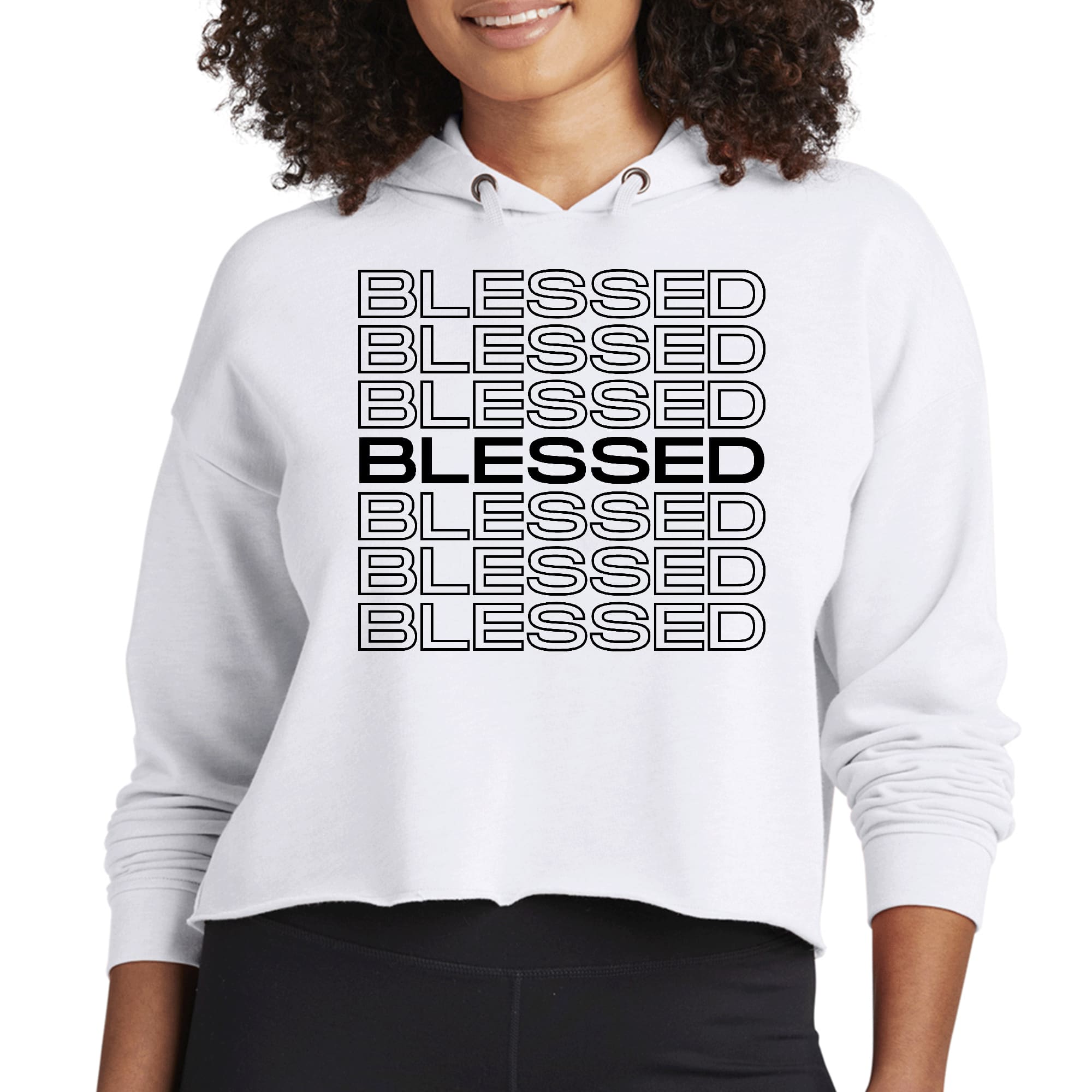 Women's Cropped Hoodie featuring Stacked Blessed Print in black, showcasing a stylish design with a relaxed fit and double fabric hood.