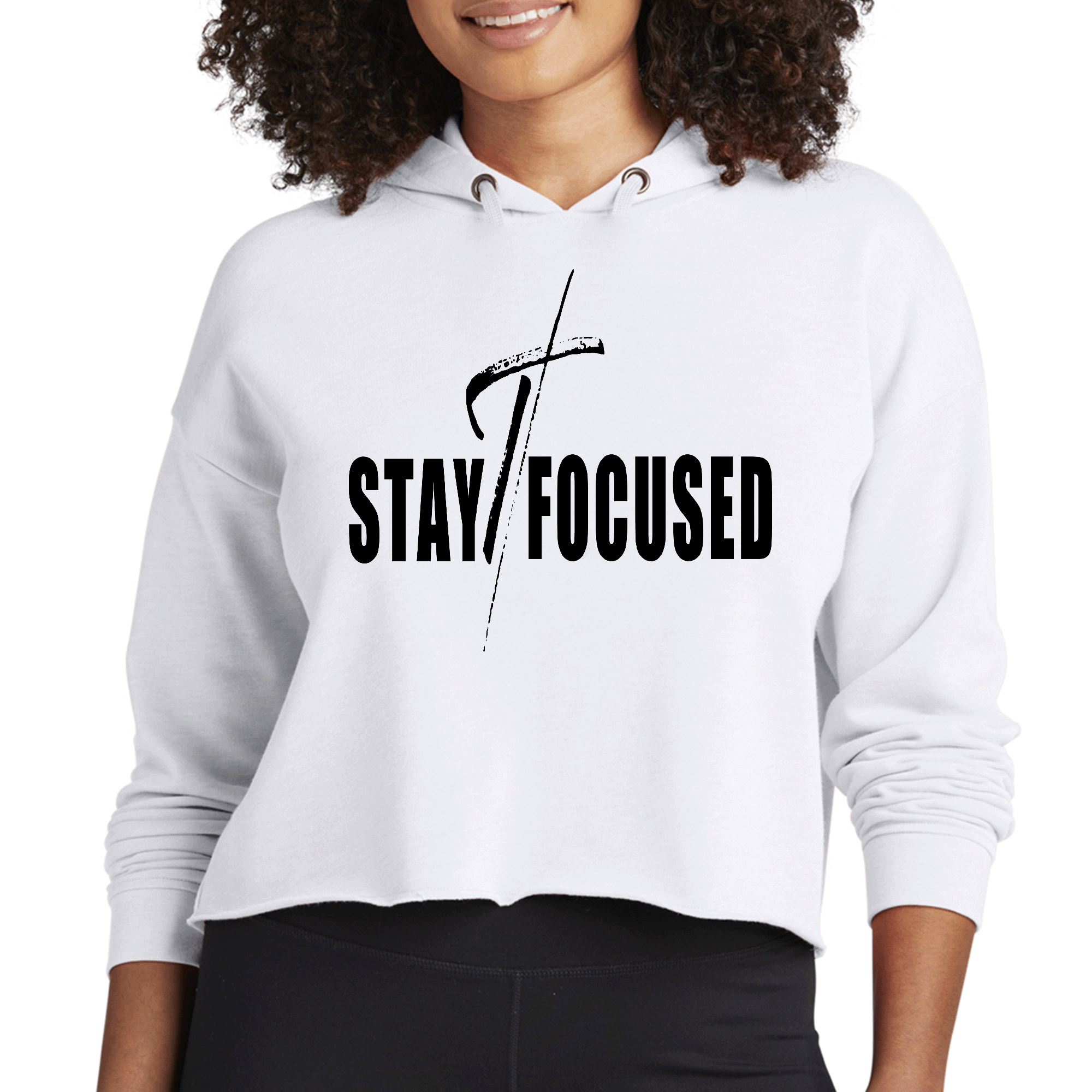 Womens Cropped Hoodie in black with Stay Focused print, featuring a drawstring hood and raw edge hem, perfect for active lifestyles.