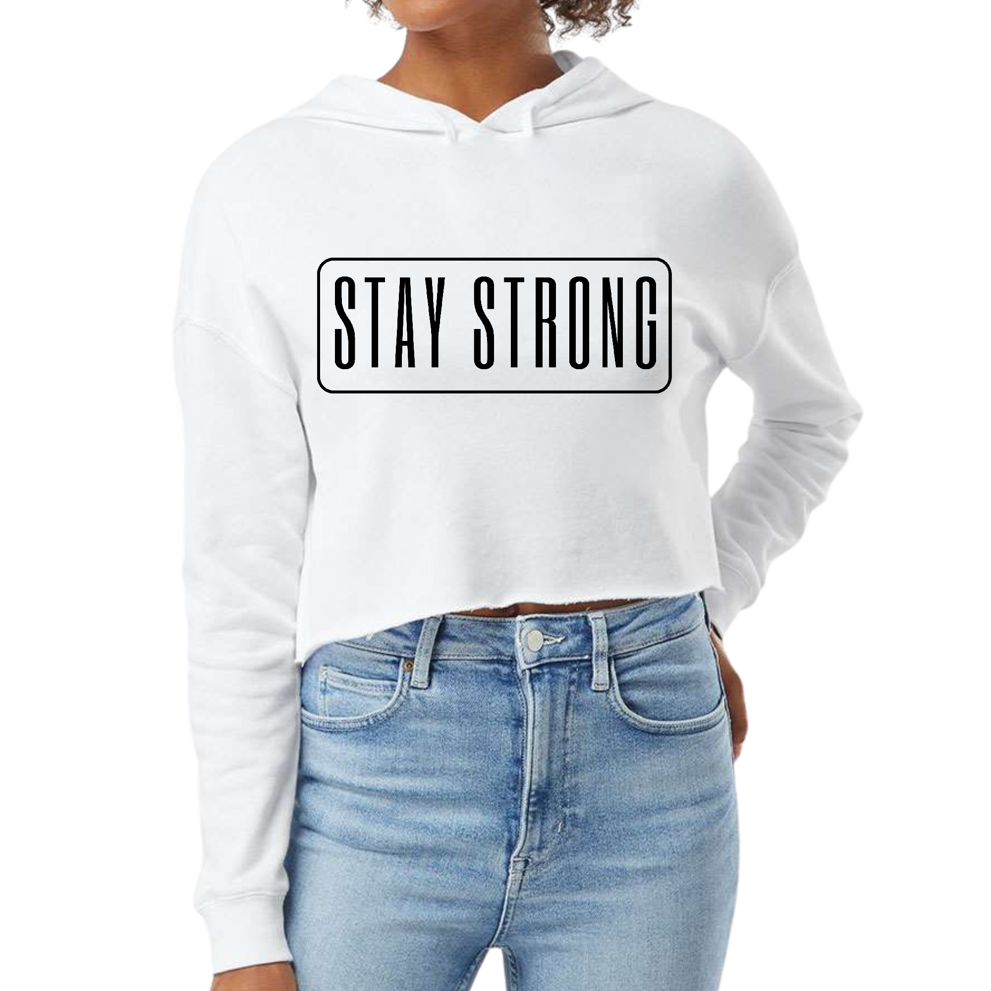 Women's cropped hoodie in black featuring a motivational 'Stay Strong' print, showcasing a relaxed fit and stylish design.