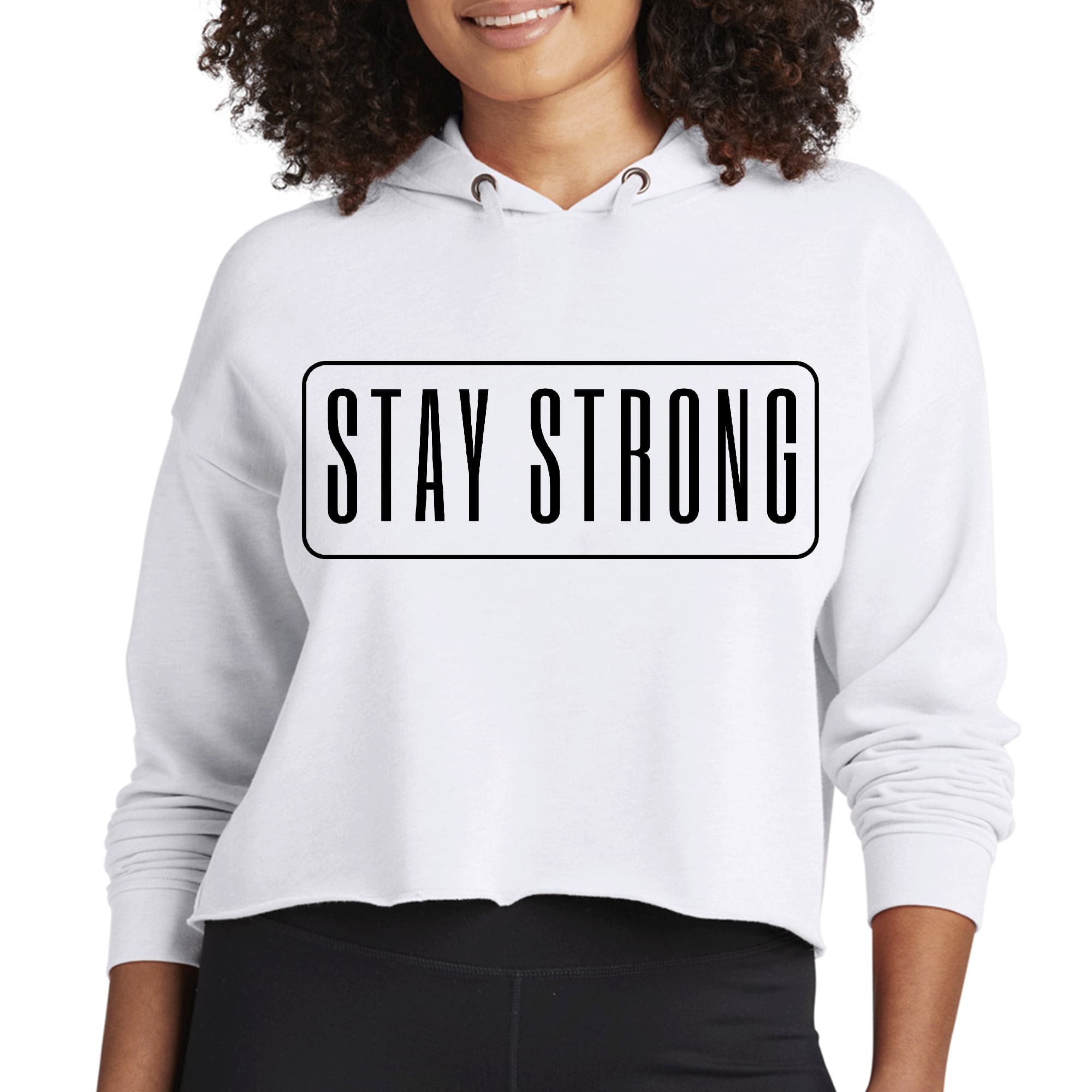 Women's cropped hoodie in black featuring a motivational 'Stay Strong' print, showcasing a relaxed fit and stylish design.