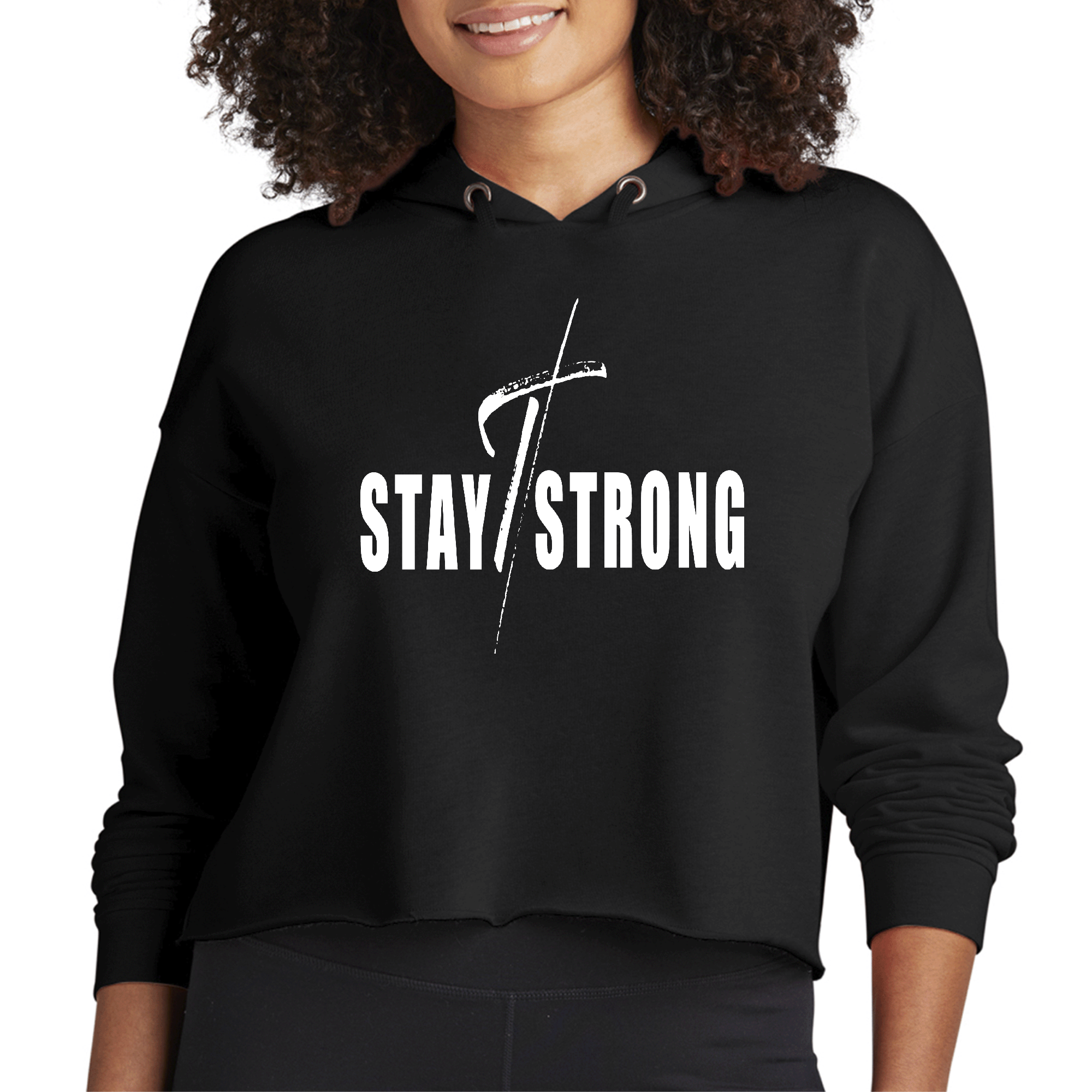 Womens Cropped Hoodie featuring Stay Strong Cross White Print, showcasing a stylish design with a drawstring hood and ribbed cuffs.