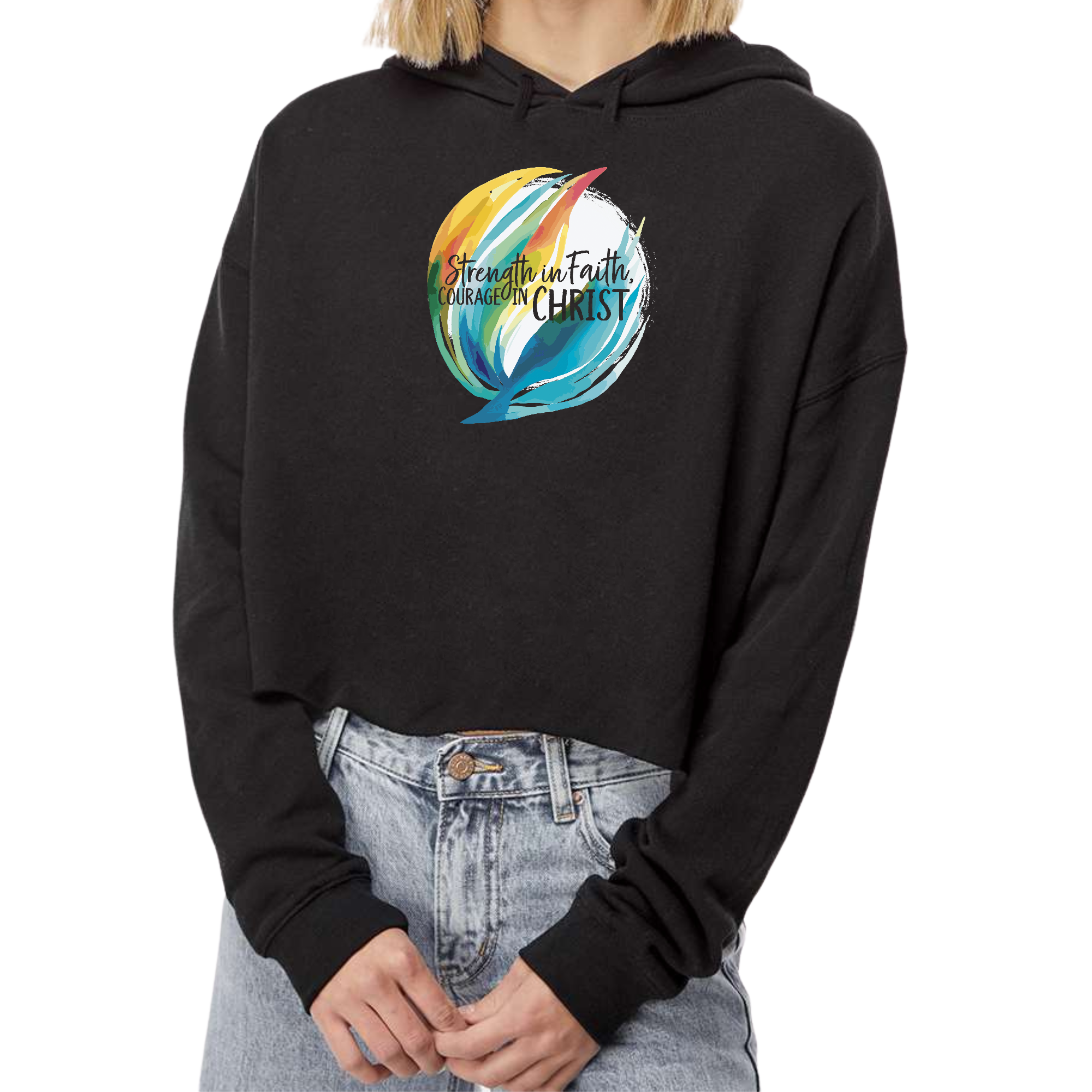 Women's cropped hoodie featuring 'Strength in Faith, Courage in Christ' illustration, made from soft cotton/polyester blend.