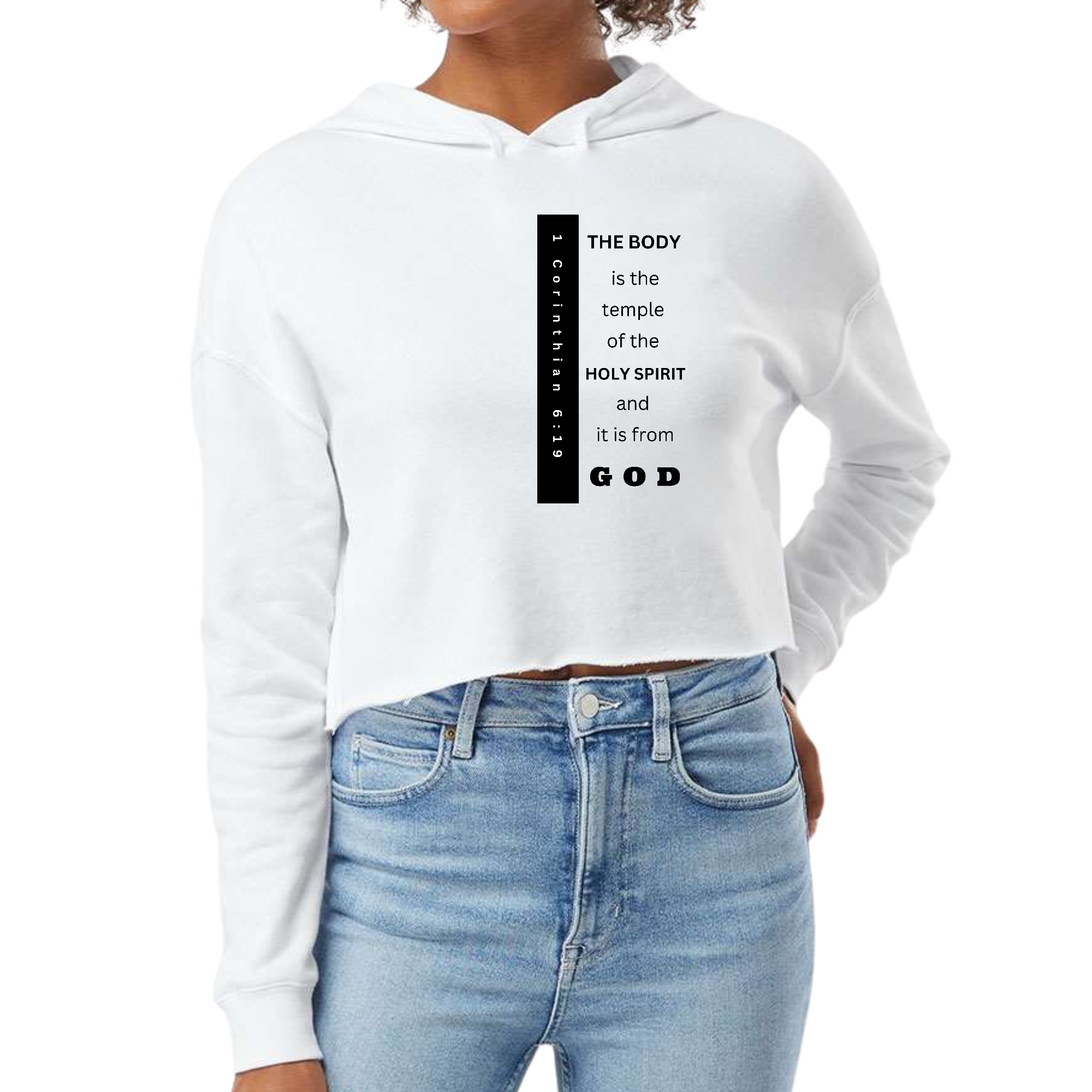 Women's cropped hoodie in black featuring 'The Body is the Temple' scripture print, showcasing a relaxed fit and stylish design.