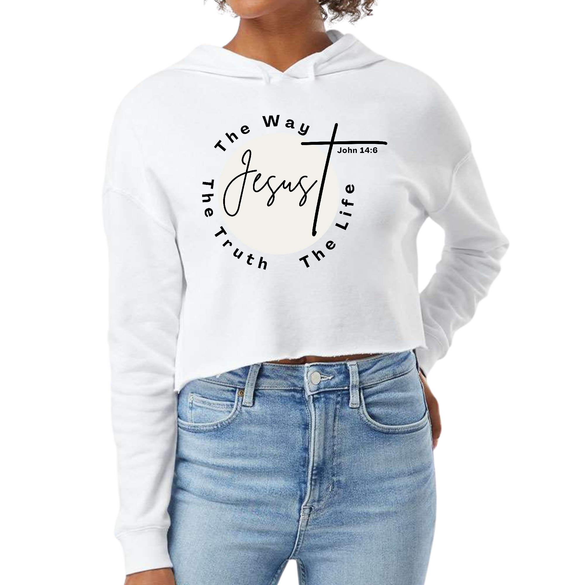 Women's Cropped Hoodie in black featuring 'The Truth The Way The Life' design, showcasing a stylish and comfortable fit.