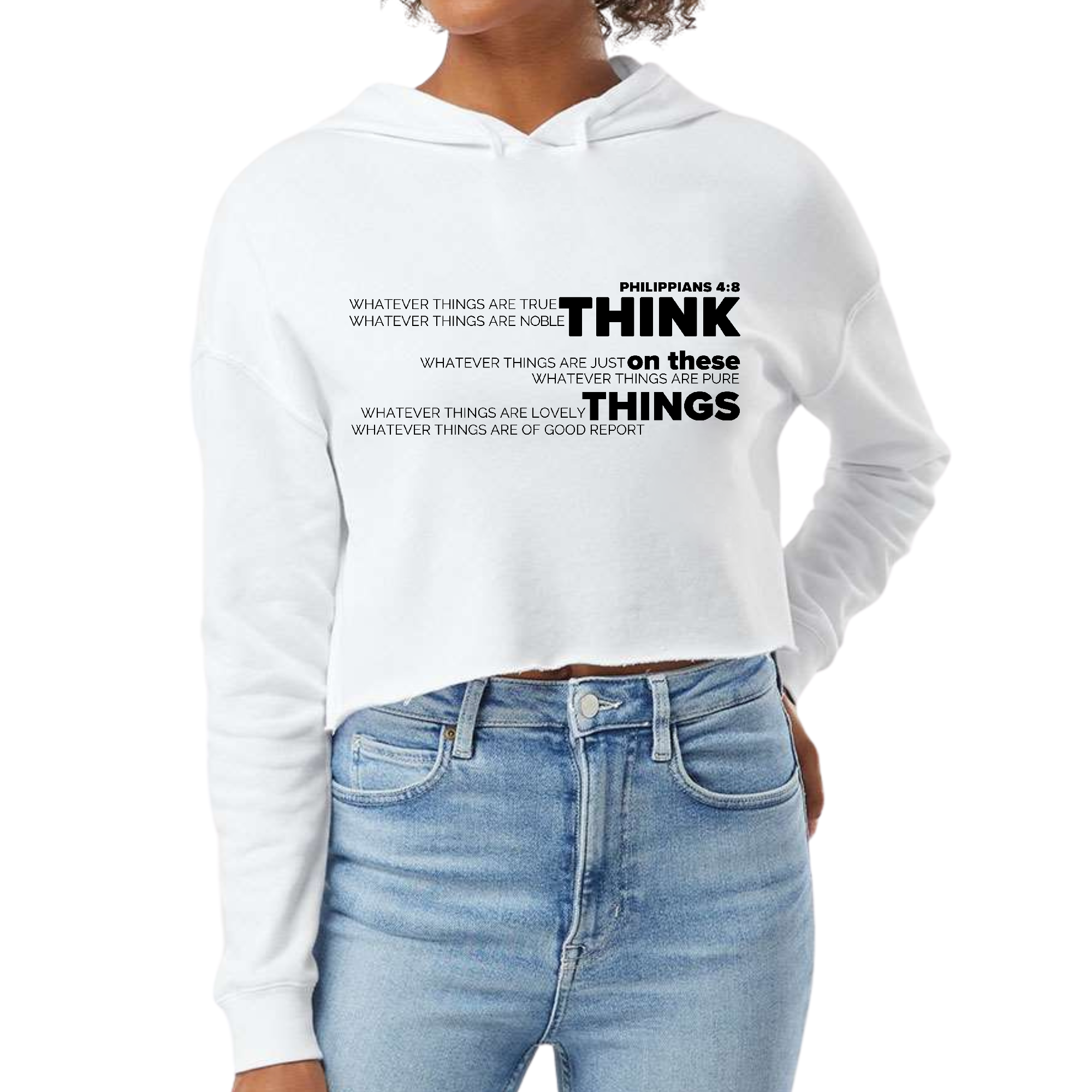 Women's cropped hoodie in black featuring an inspirational scripture quote illustration, designed for comfort and style.