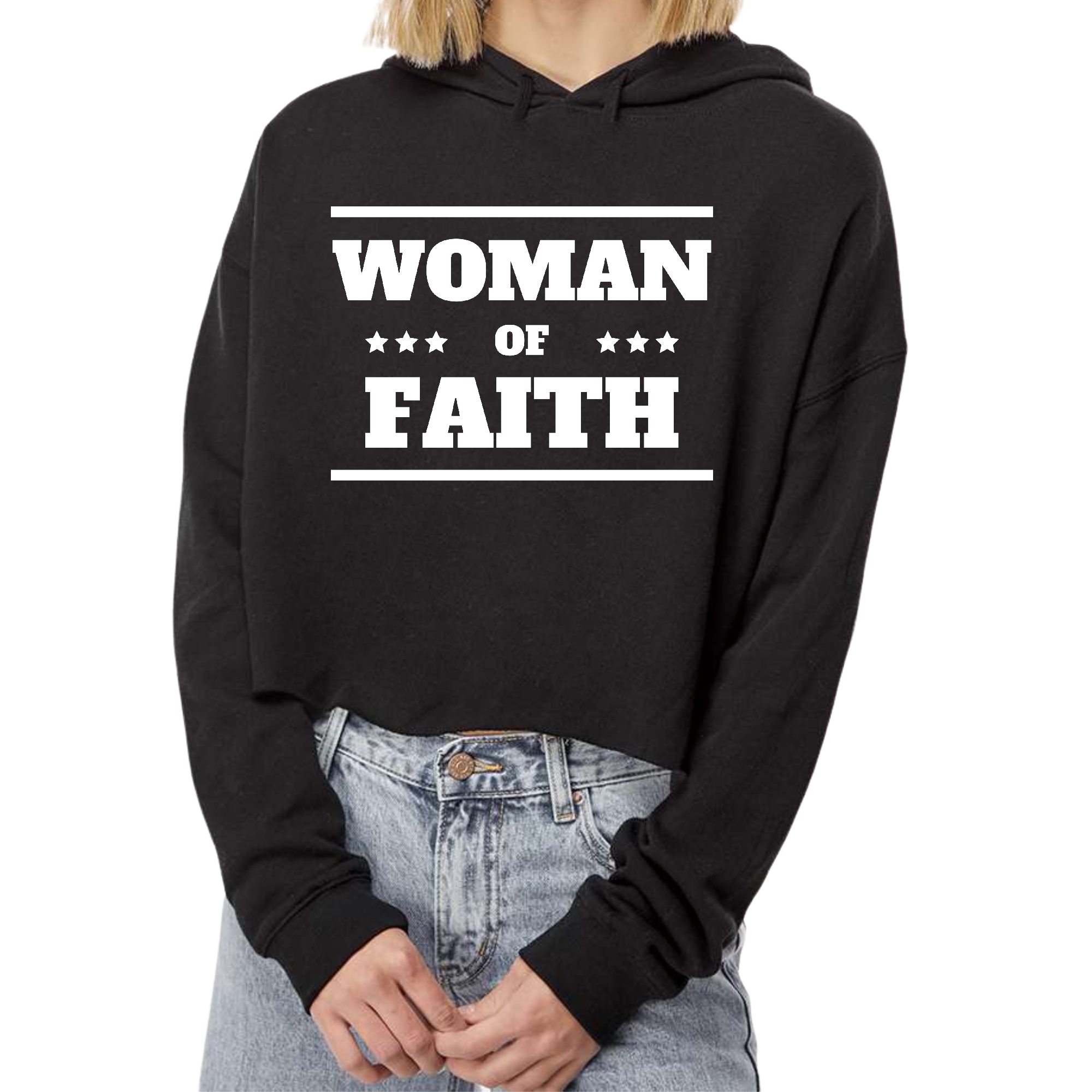 A stylish Women's Cropped Hoodie featuring a 'Woman of Faith' design, made from soft cotton/polyester blend fabric, showcasing a relaxed fit and double fabric hood.