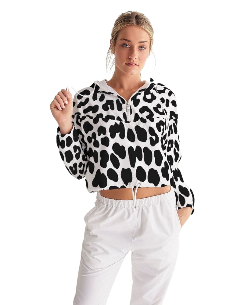 Women's Cropped Windbreaker Jacket featuring a stylish black and white leopard print design, perfect for casual outings and active wear.