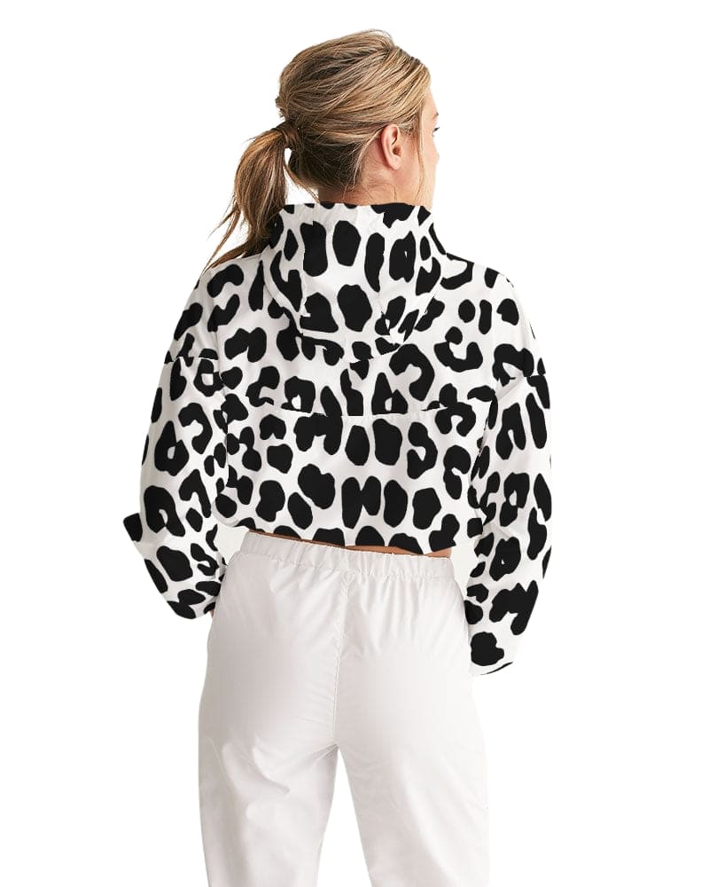 Women's Cropped Windbreaker Jacket featuring a stylish black and white leopard print design, perfect for casual outings and active wear.