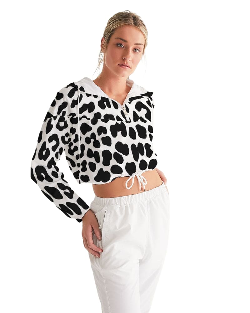 Women's Cropped Windbreaker Jacket featuring a stylish black and white leopard print design, perfect for casual outings and active wear.