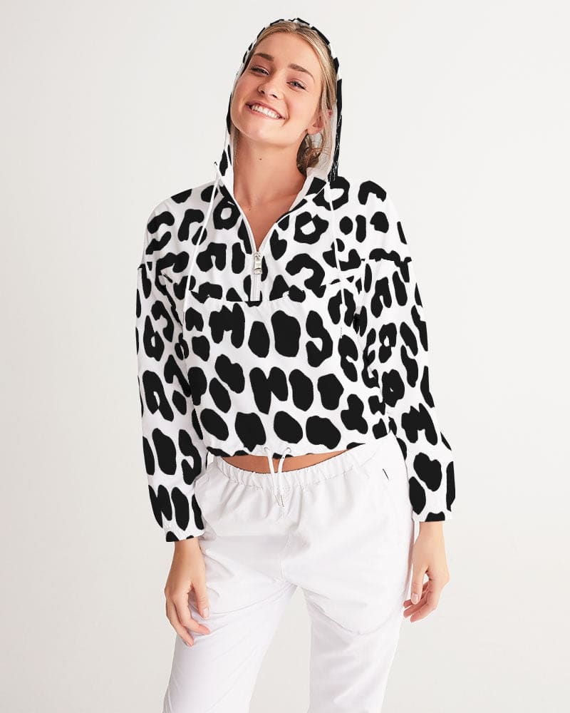 Women's Cropped Windbreaker Jacket featuring a stylish black and white leopard print design, perfect for casual outings and active wear.