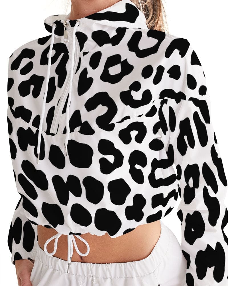 Women's Cropped Windbreaker Jacket featuring a stylish black and white leopard print design, perfect for casual outings and active wear.