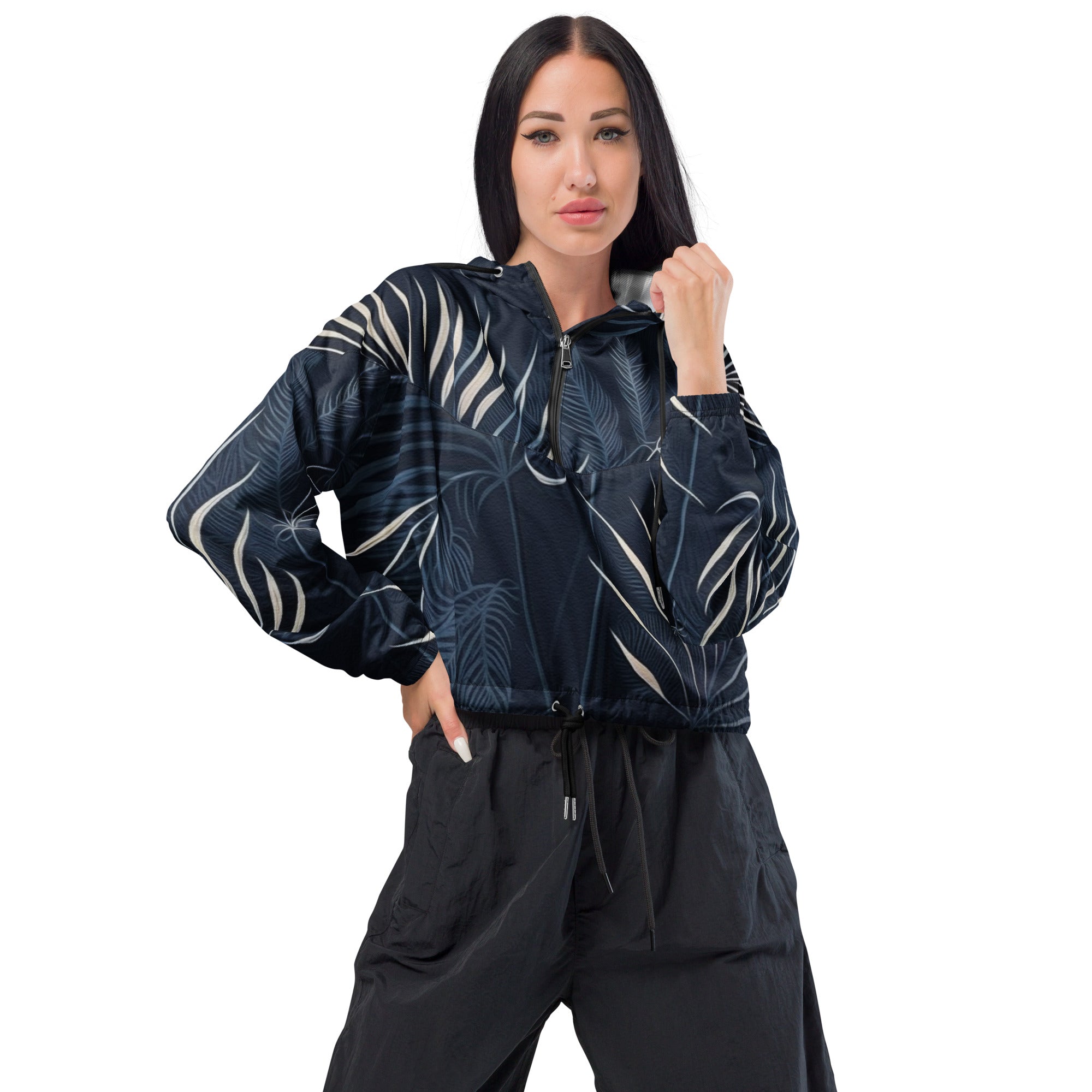 Women's Cropped Windbreaker Jacket in blue and white with palm leaves design, featuring a hood, adjustable drawstrings, and side-slit pockets.