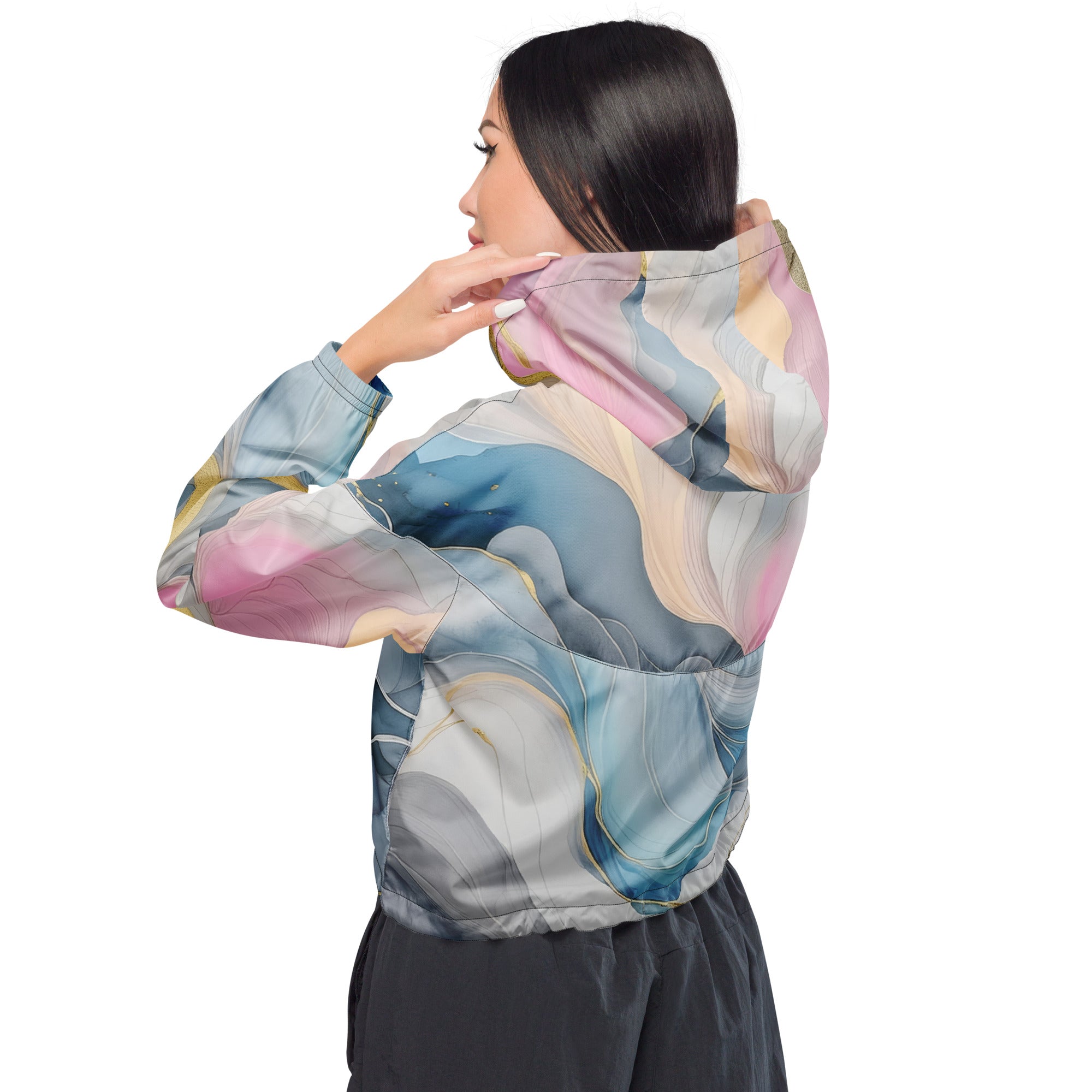 Women's Cropped Windbreaker Jacket in Marble Cloud of Grey Pink Blue, featuring a stylish cropped design and adjustable drawstrings.