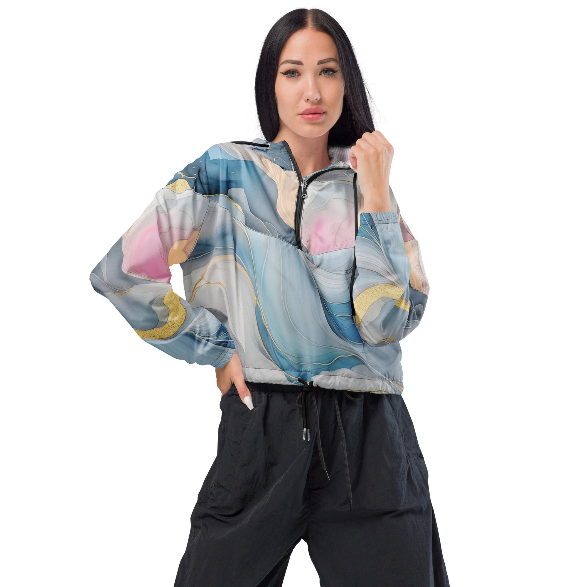 Women's Cropped Windbreaker Jacket in Marble Cloud of Grey Pink Blue, featuring a stylish cropped design and adjustable drawstrings.