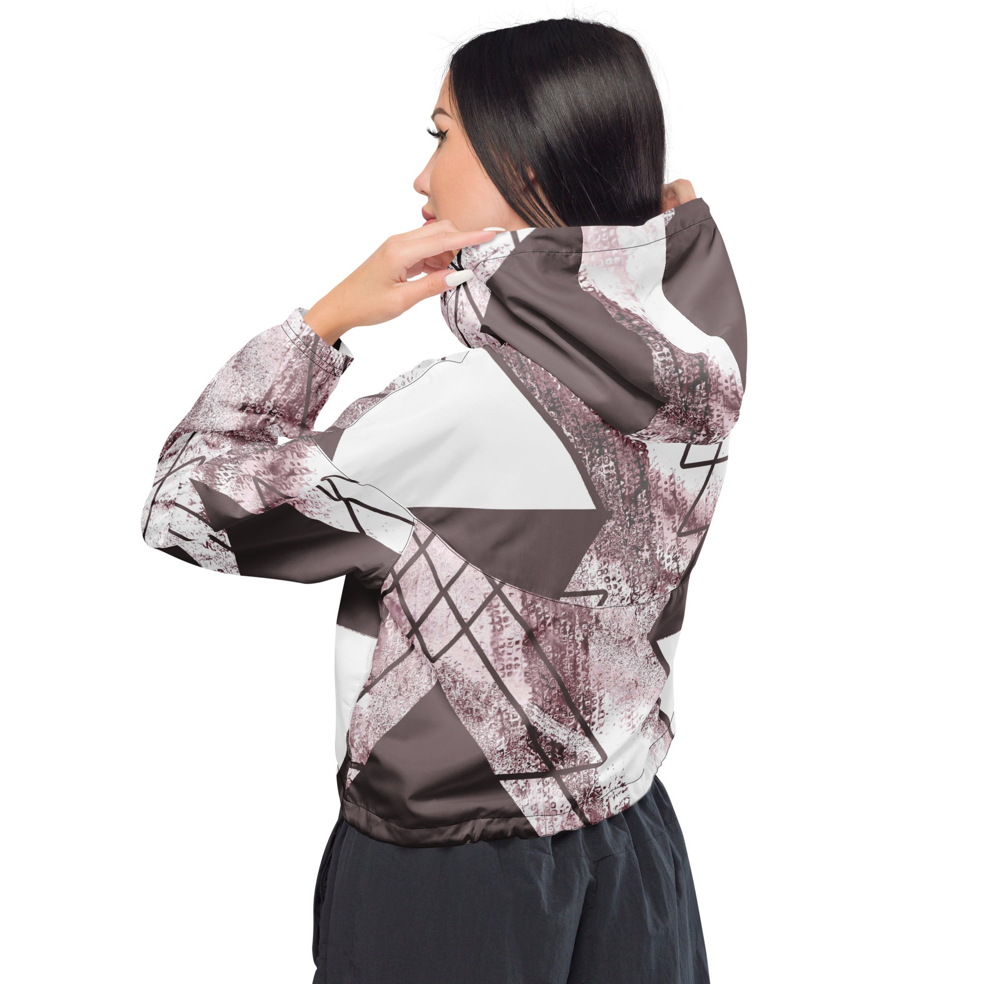 Womens Cropped Windbreaker Jacket in Mauve Rose and White Triangular colorblock, featuring a stylish cropped design and adjustable features.