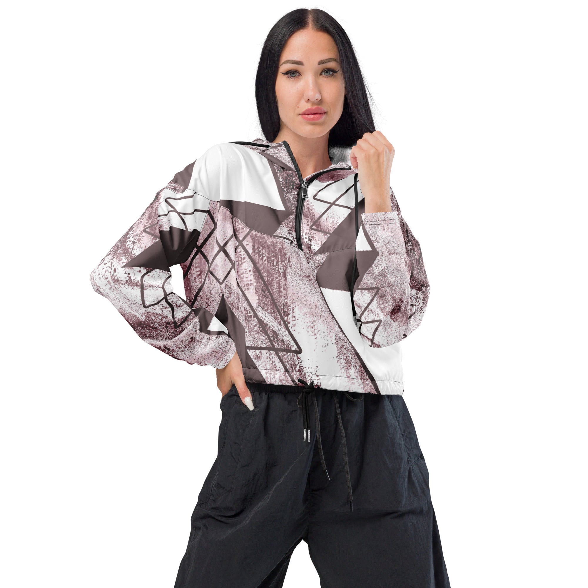 Womens Cropped Windbreaker Jacket in Mauve Rose and White Triangular colorblock, featuring a stylish cropped design and adjustable features.