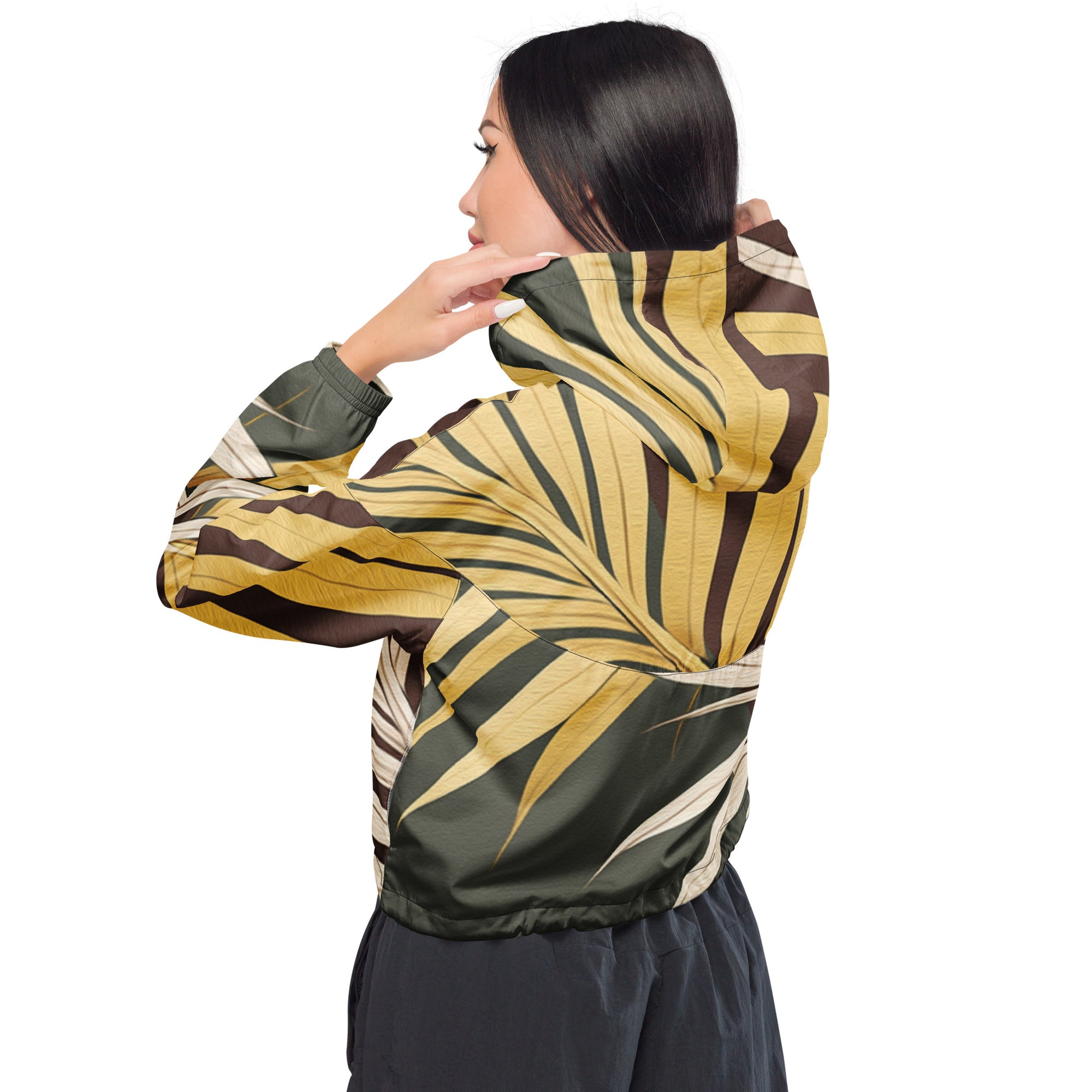 Women's Cropped Windbreaker Jacket featuring a vibrant palm tree leaves pattern, designed for style and functionality.