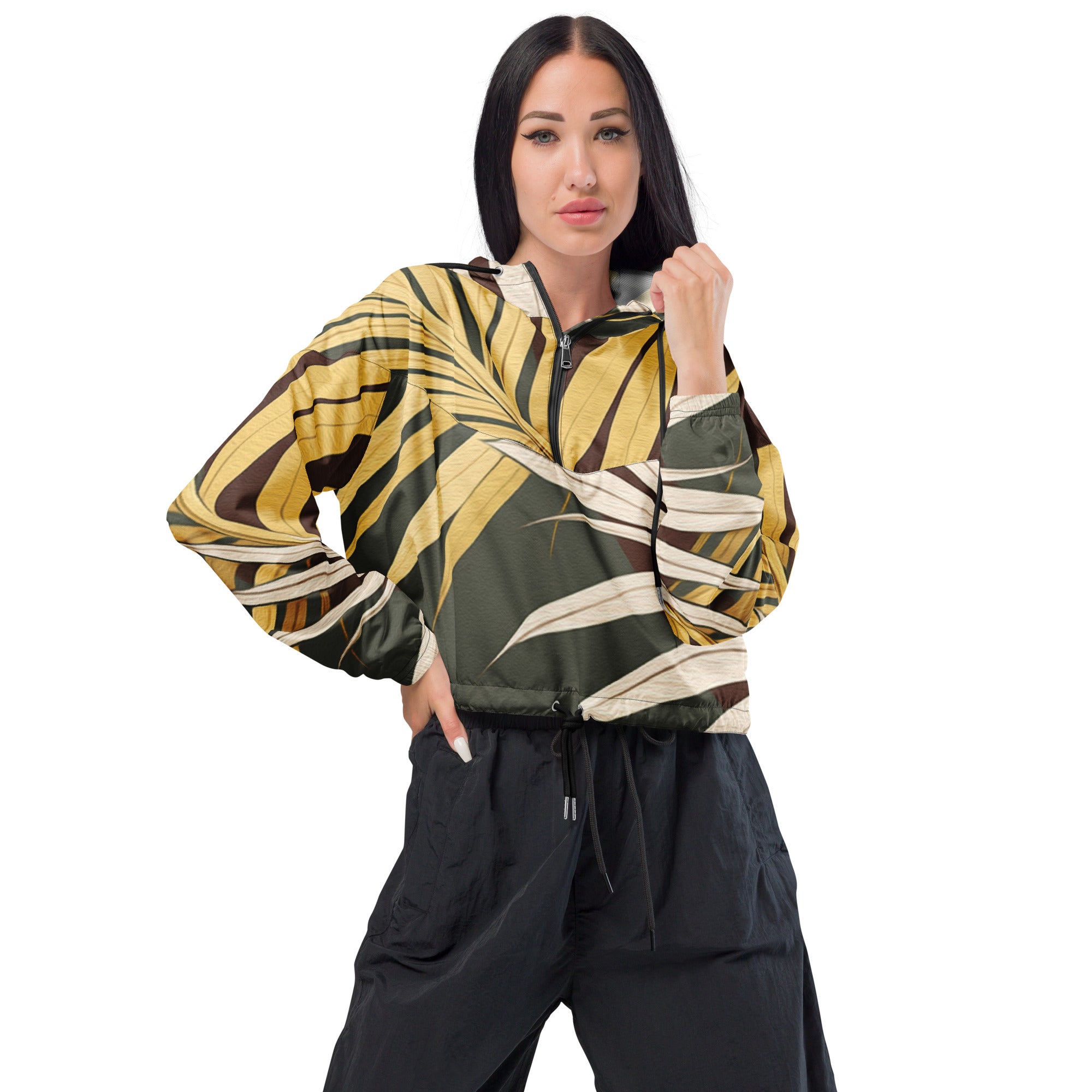 Women's Cropped Windbreaker Jacket featuring a vibrant palm tree leaves pattern, designed for style and functionality.